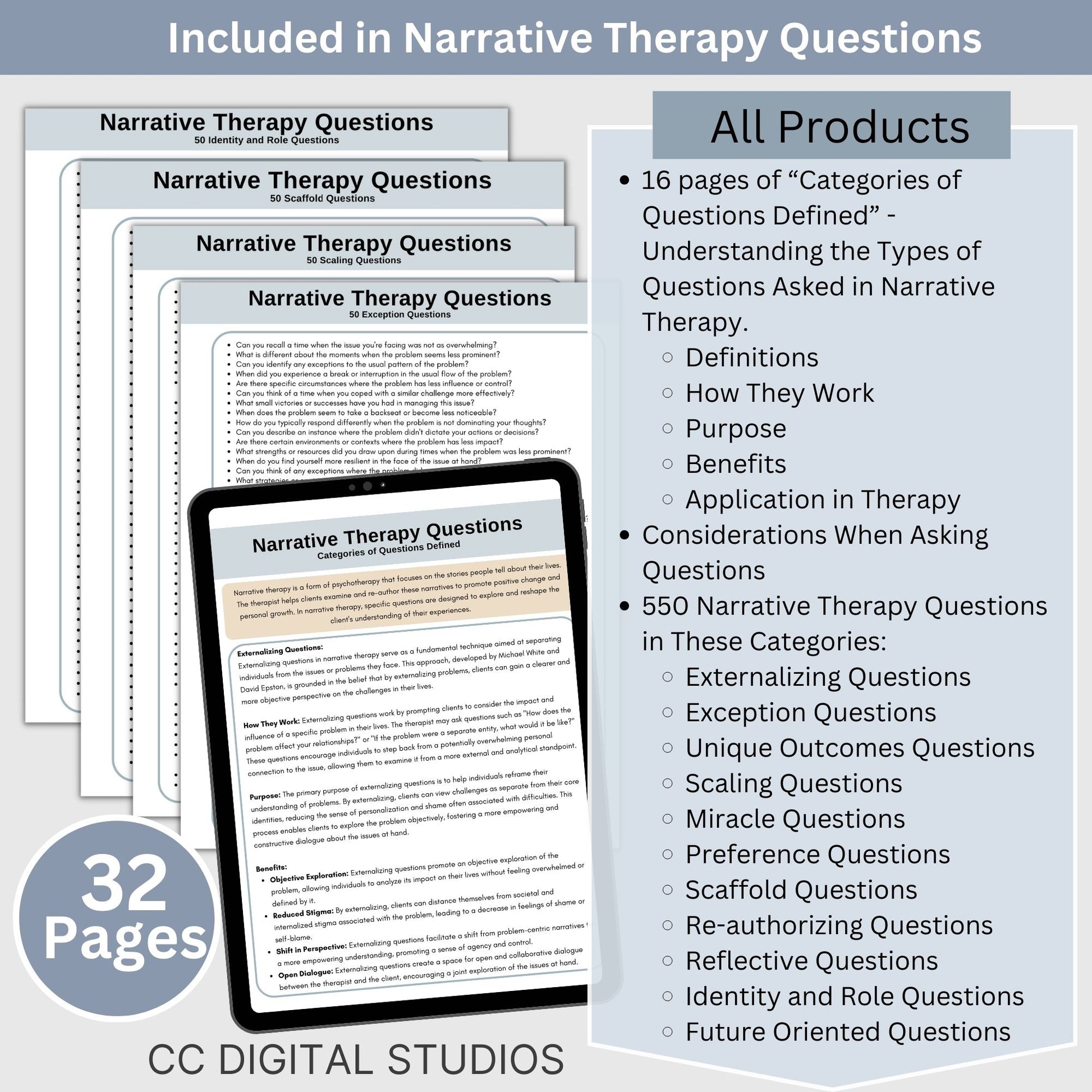 Comprehensive set of 550 narrative therapy questions and a detailed list of question types and definitions. This therapy resource is perfect for therapists, school counselors, social workers, and anyone seeking effective therapy tools.