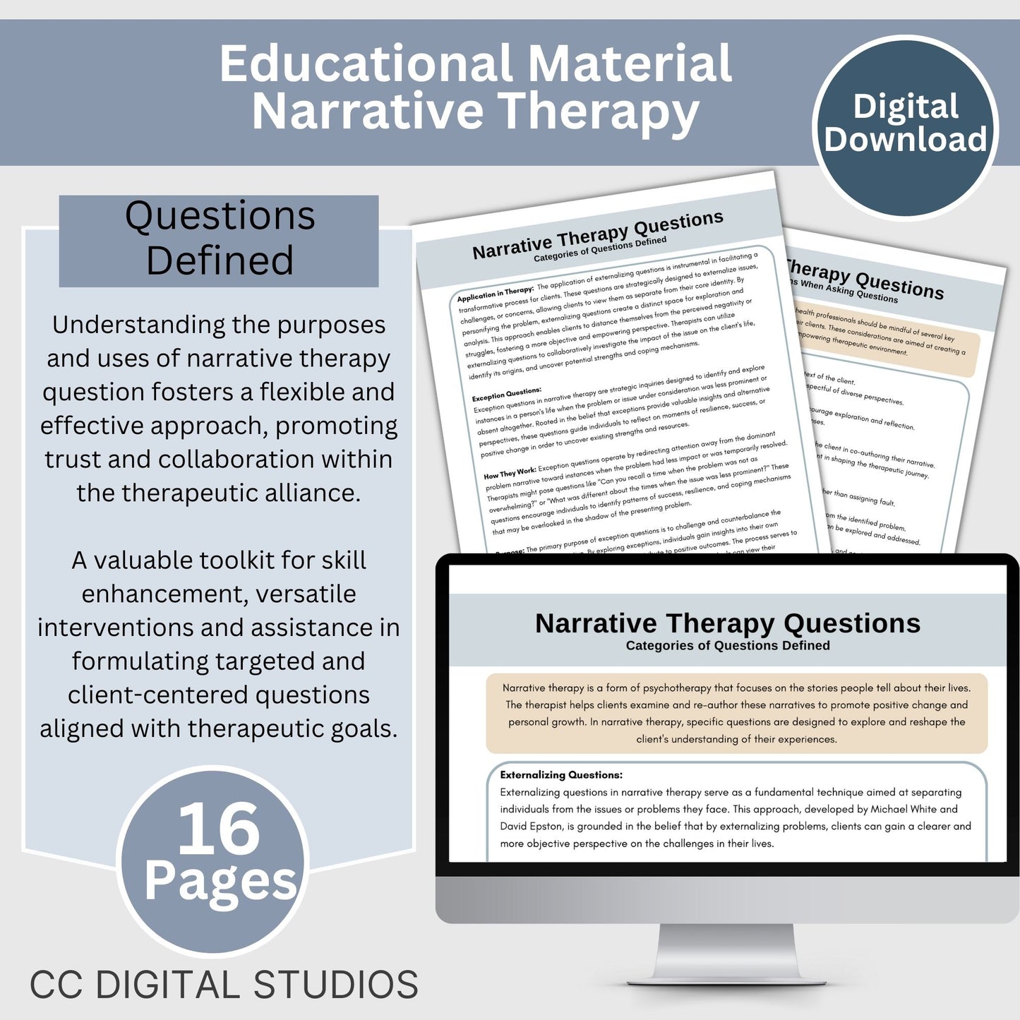 Comprehensive set of 550 narrative therapy questions and a detailed list of question types and definitions. This therapy resource is perfect for therapists, school counselors, social workers, and anyone seeking effective therapy tools.