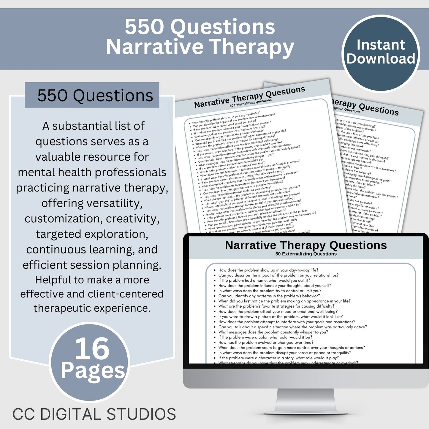 Comprehensive set of 550 narrative therapy questions and a detailed list of question types and definitions. This therapy resource is perfect for therapists, school counselors, social workers, and anyone seeking effective therapy tools.