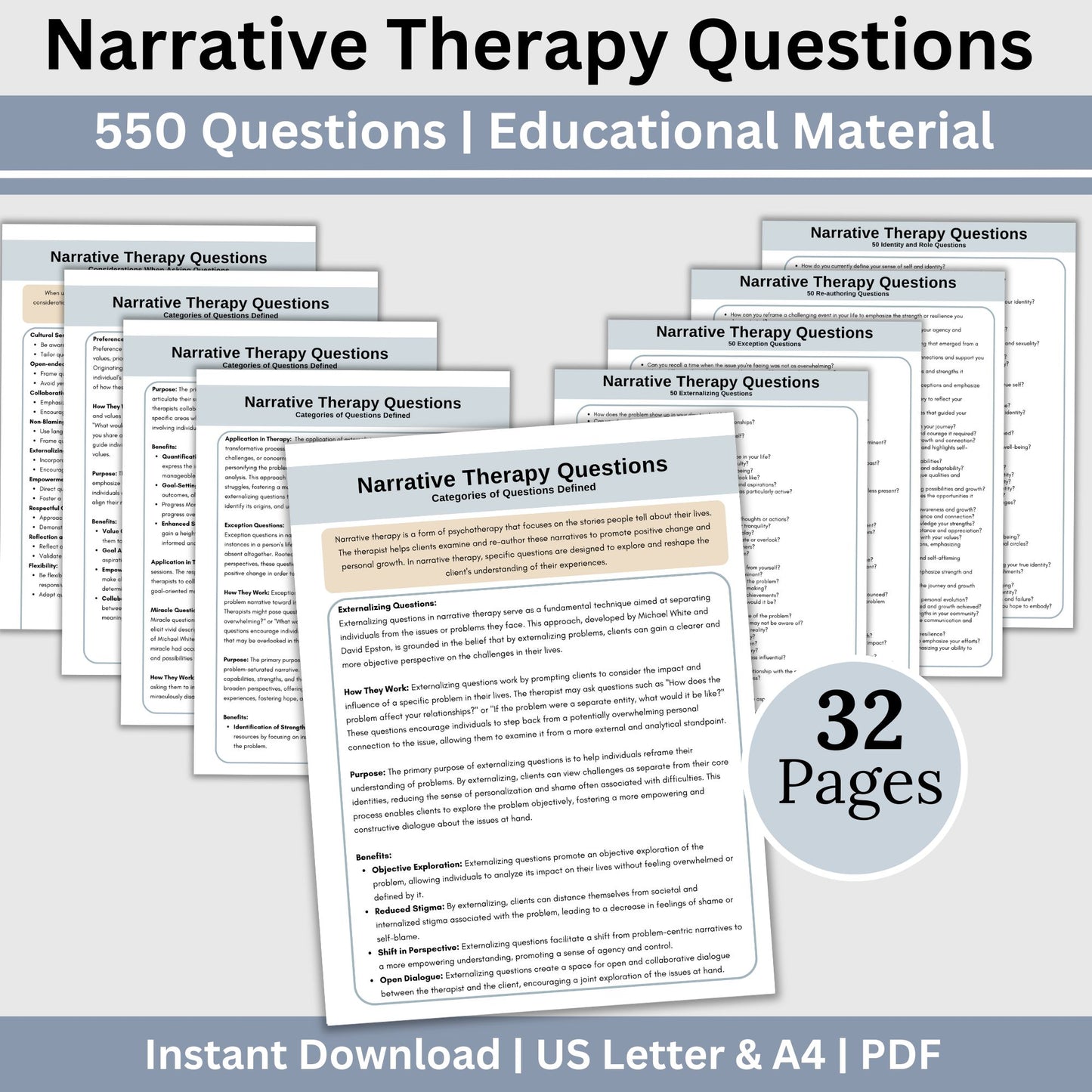 Comprehensive set of 550 narrative therapy questions and a detailed list of question types and definitions. This therapy resource is perfect for therapists, school counselors, social workers, and anyone seeking effective therapy tools.