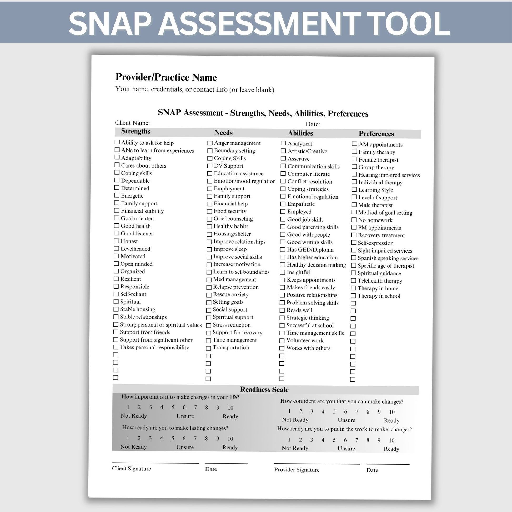 Needs Assessment (SNAP) to identify strengths, needs, abilities and preferences.  Perfect for social workers, school counselors and therapist office.  Free Maslows Hierarchy of Needs therapy poster