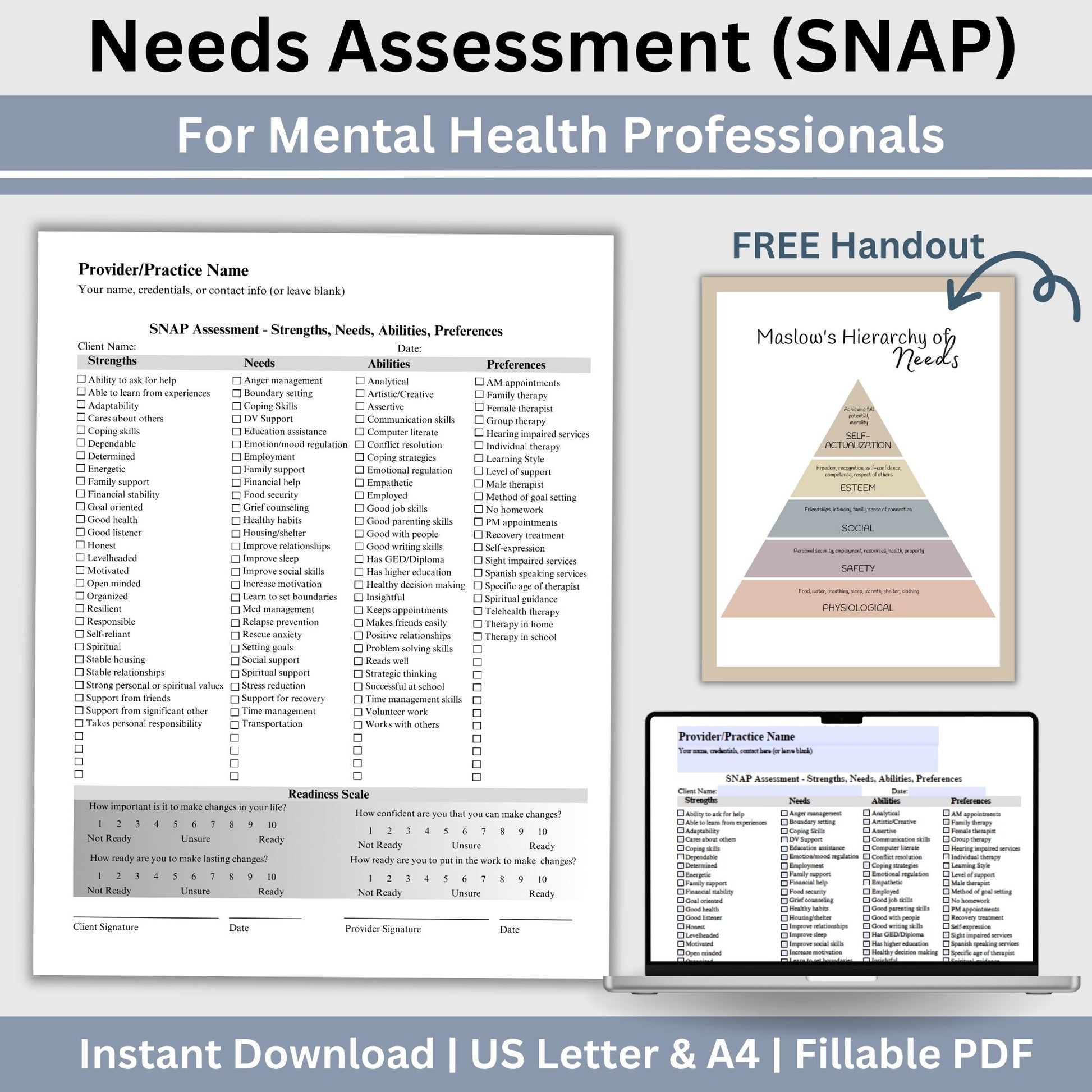 Needs Assessment (SNAP) to identify strengths, needs, abilities and preferences.  Perfect for social workers, school counselors and therapist office.  Free Maslows Hierarchy of Needs therapy poster