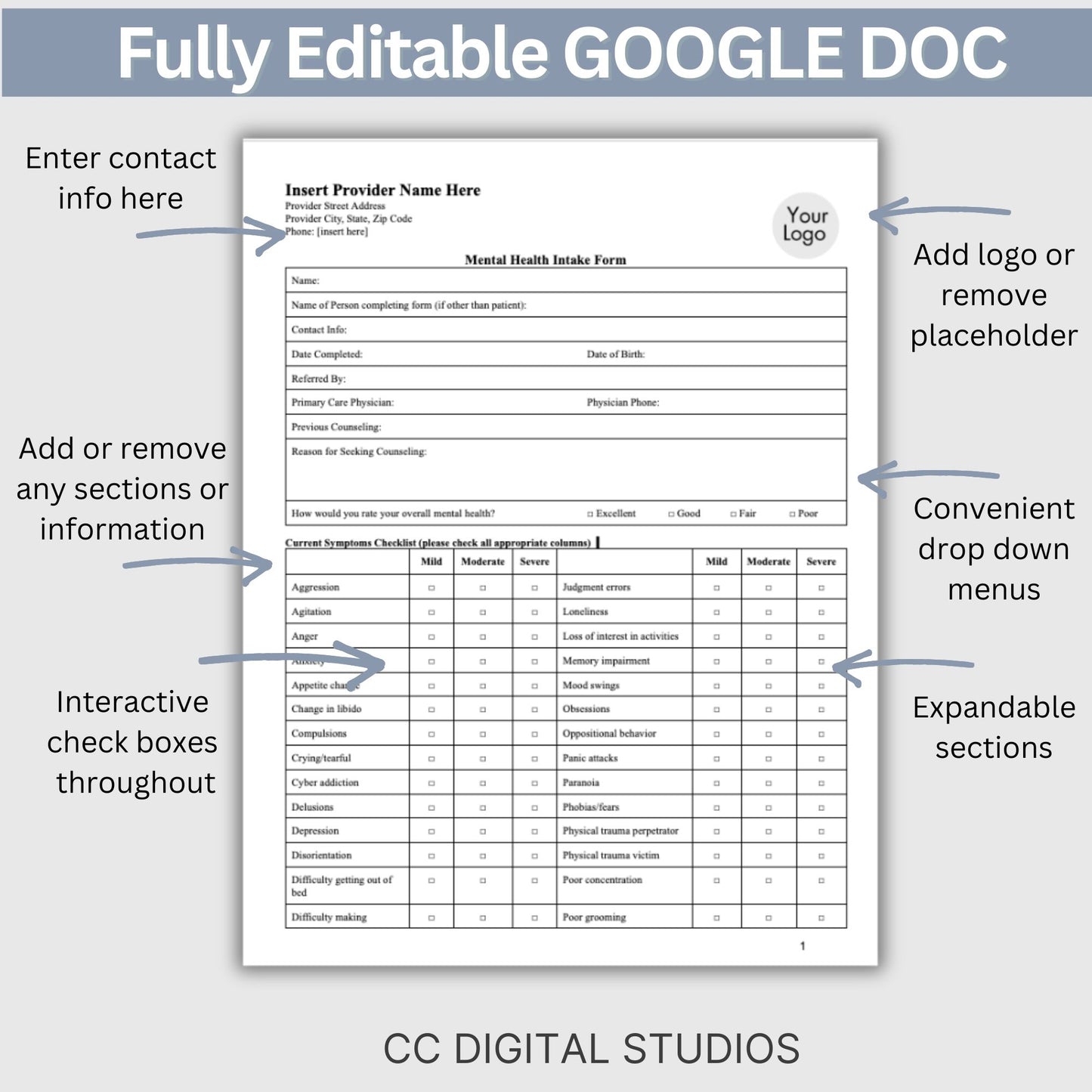 Comprehensive Mental Health Client Intake Form, a customizable Google Docs template specifically crafted for mental health practitioners, including therapists, counselors, psychologists, and social workers.