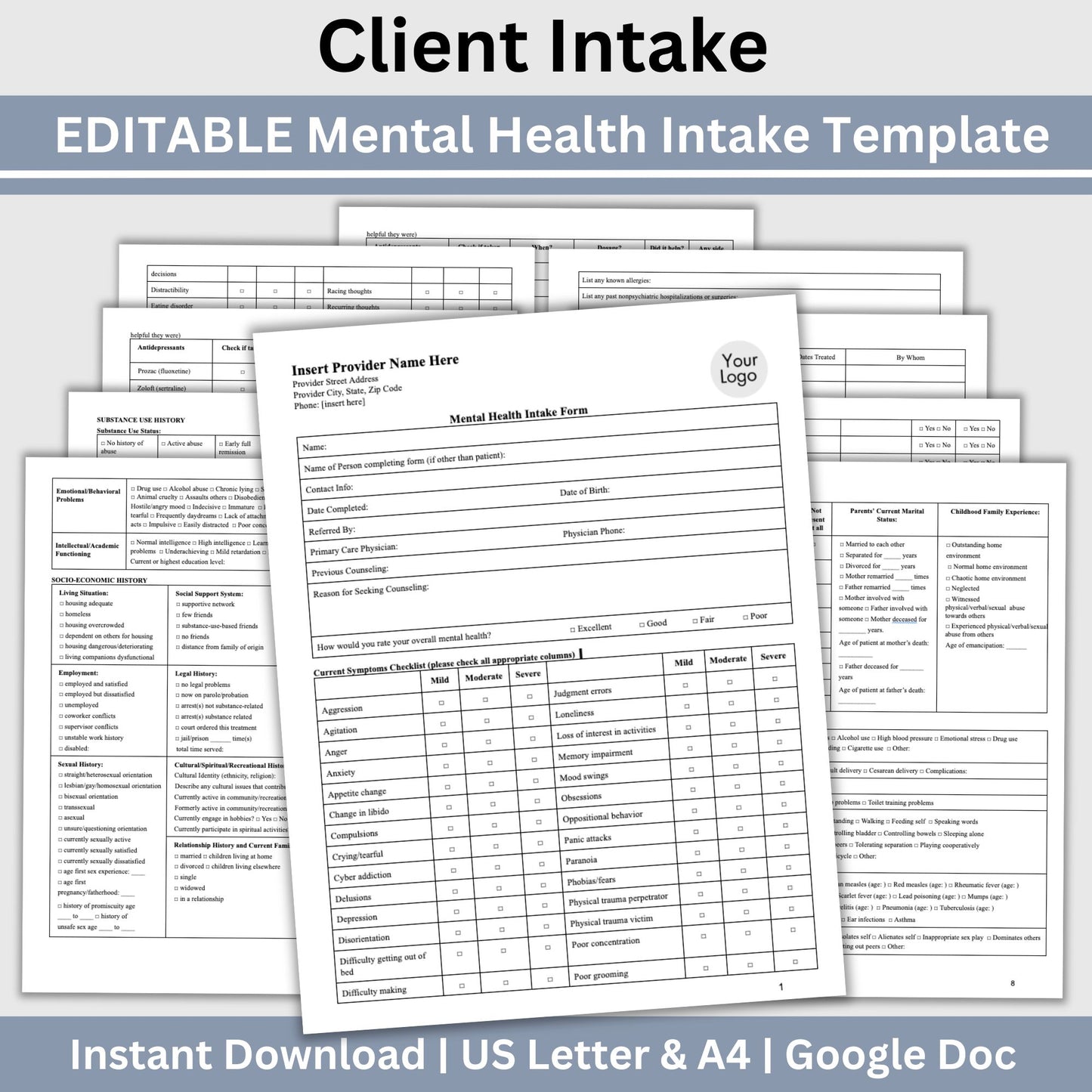 Comprehensive Mental Health Client Intake Form, a customizable Google Docs template specifically crafted for mental health practitioners, including therapists, counselors, psychologists, and social workers.