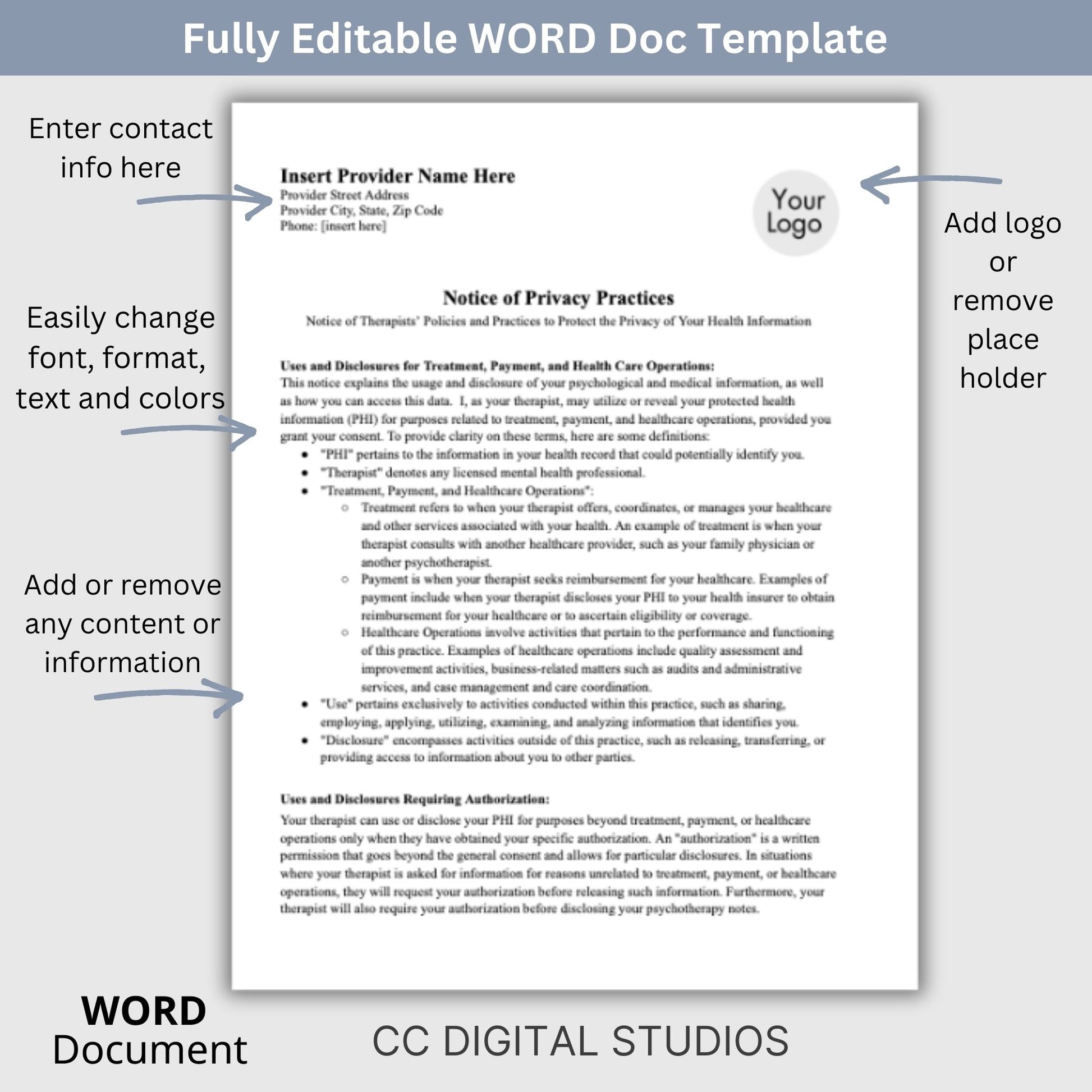 Notice of Privacy Practices HIPAA form for minors, editable WORD Doc.  Streamline your private practice therapist office with professional forms.Notice of Privacy Practices, HIPAA Template WORD Doc, Patient Rights and Responsibilities, Therapy Tools