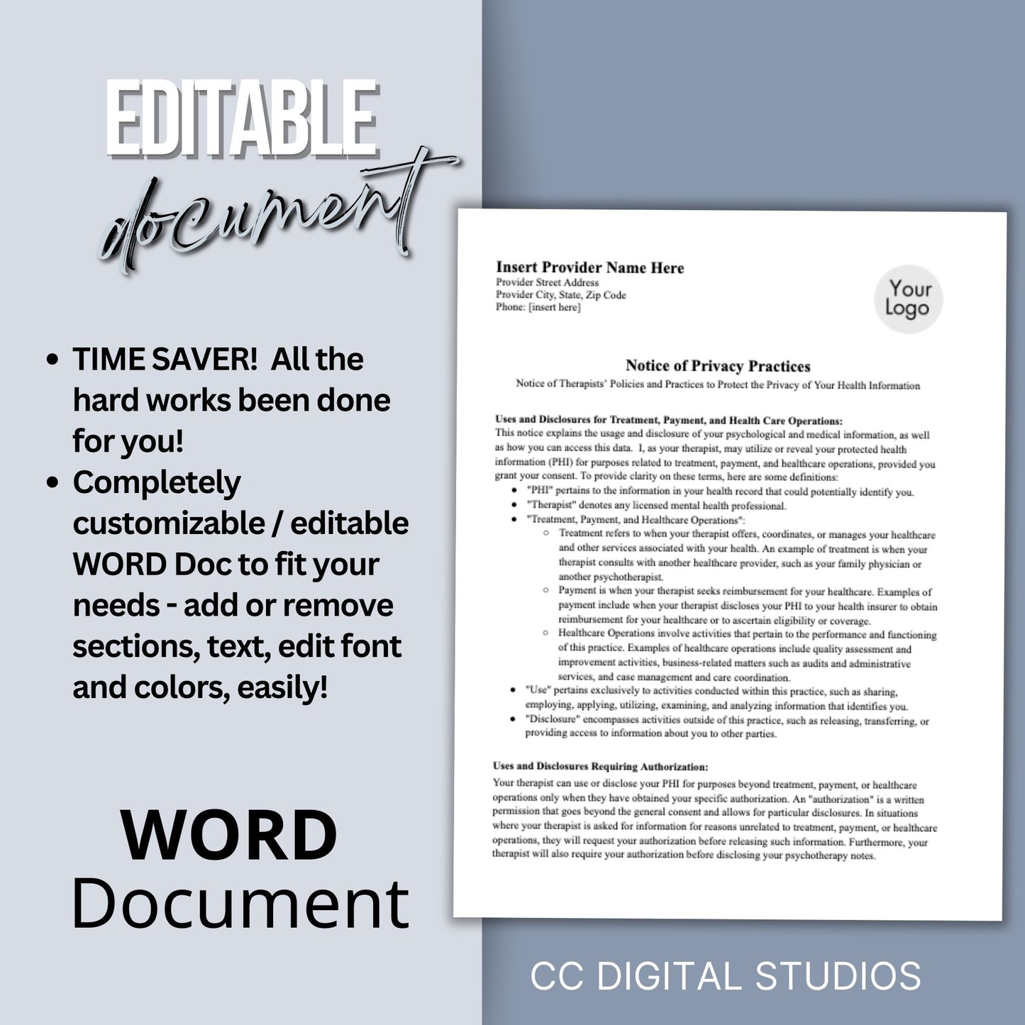 Notice of Privacy Practices HIPAA form for minors, editable WORD Doc.  Streamline your private practice therapist office with professional forms.Notice of Privacy Practices, HIPAA Template WORD Doc, Patient Rights and Responsibilities, Therapy Tools