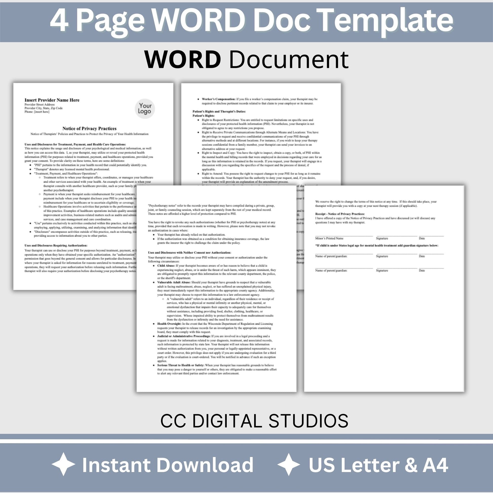 Notice of Privacy Practices HIPAA form for minors, editable WORD Doc.  Streamline your private practice therapist office with professional forms.Notice of Privacy Practices, HIPAA Template WORD Doc, Patient Rights and Responsibilities, Therapy Tools