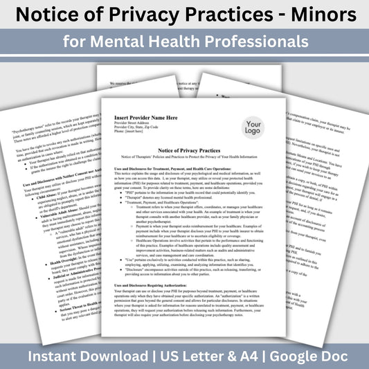 Easy-to-use Notice of Privacy Practices HPAA document.  Notice of Privacy Practices for Minors Child Therapy, Google Doc, Client Intake Form, Psychology Office, Therapist Office Private Practice