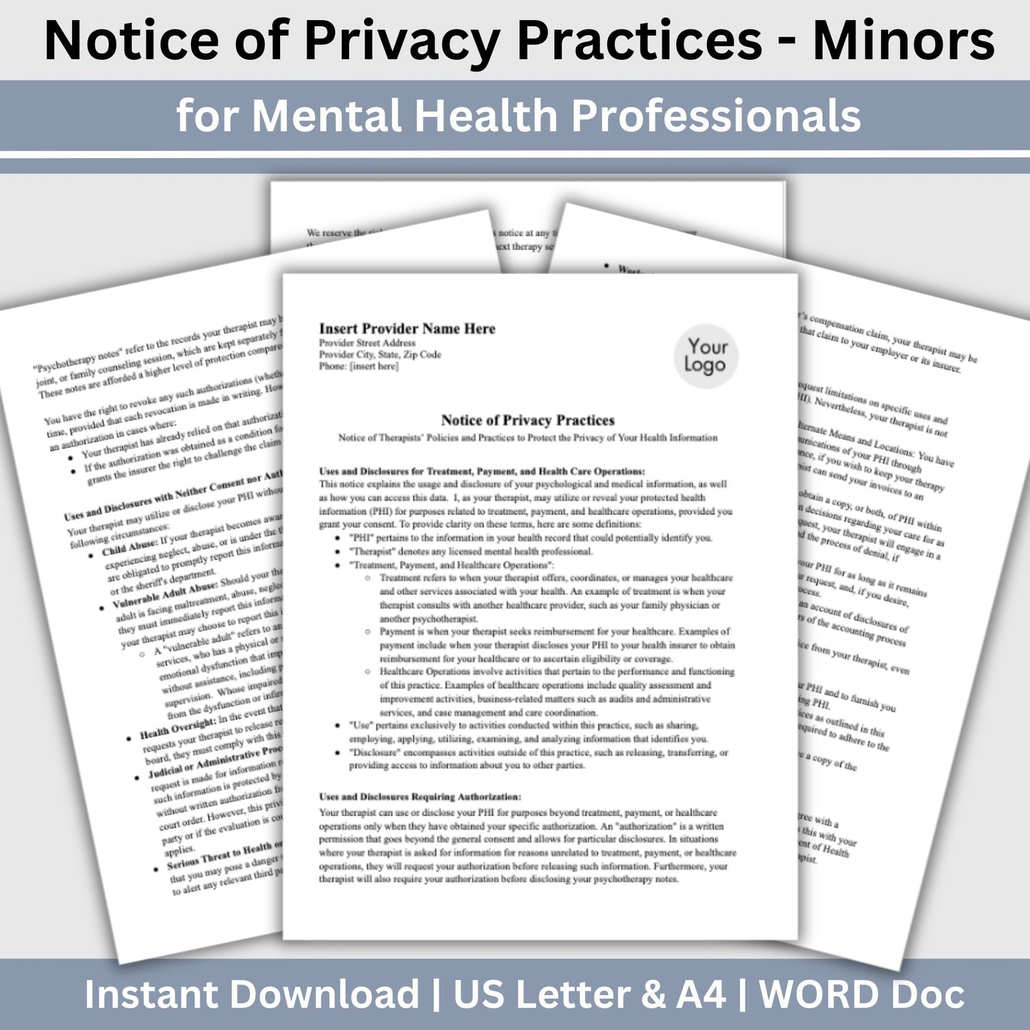 Notice of Privacy Practices HIPAA form for minors, editable WORD Doc.  Streamline your private practice therapist office with professional forms.Notice of Privacy Practices, HIPAA Template WORD Doc, Patient Rights and Responsibilities, Therapy Tools