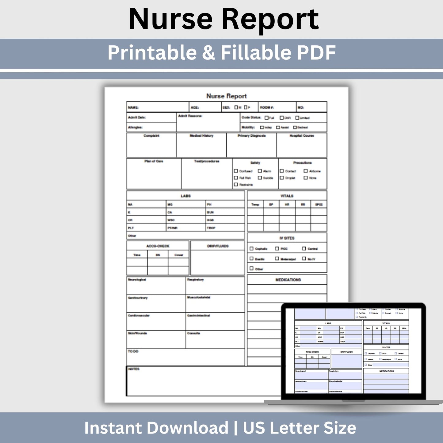 Nurse Report Sheet Fillable PDF Organized Shift Handoff Template