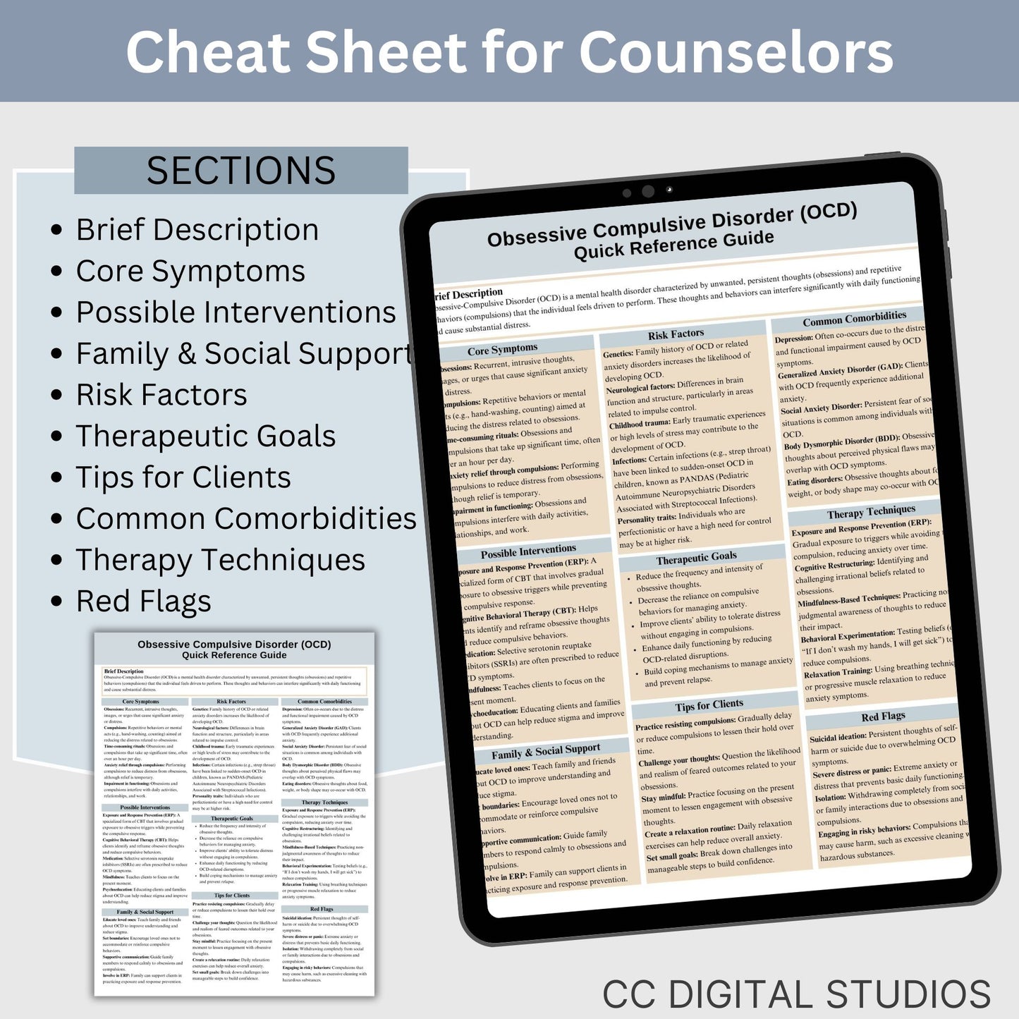 This 2-in-1 OCD Cheat Sheet is designed for both therapists and clients! It includes a therapist's quick reference guide and a client-friendly psychoeducational sheet, making it a valuable Obsessive Compulsive Disorder therapy tool.