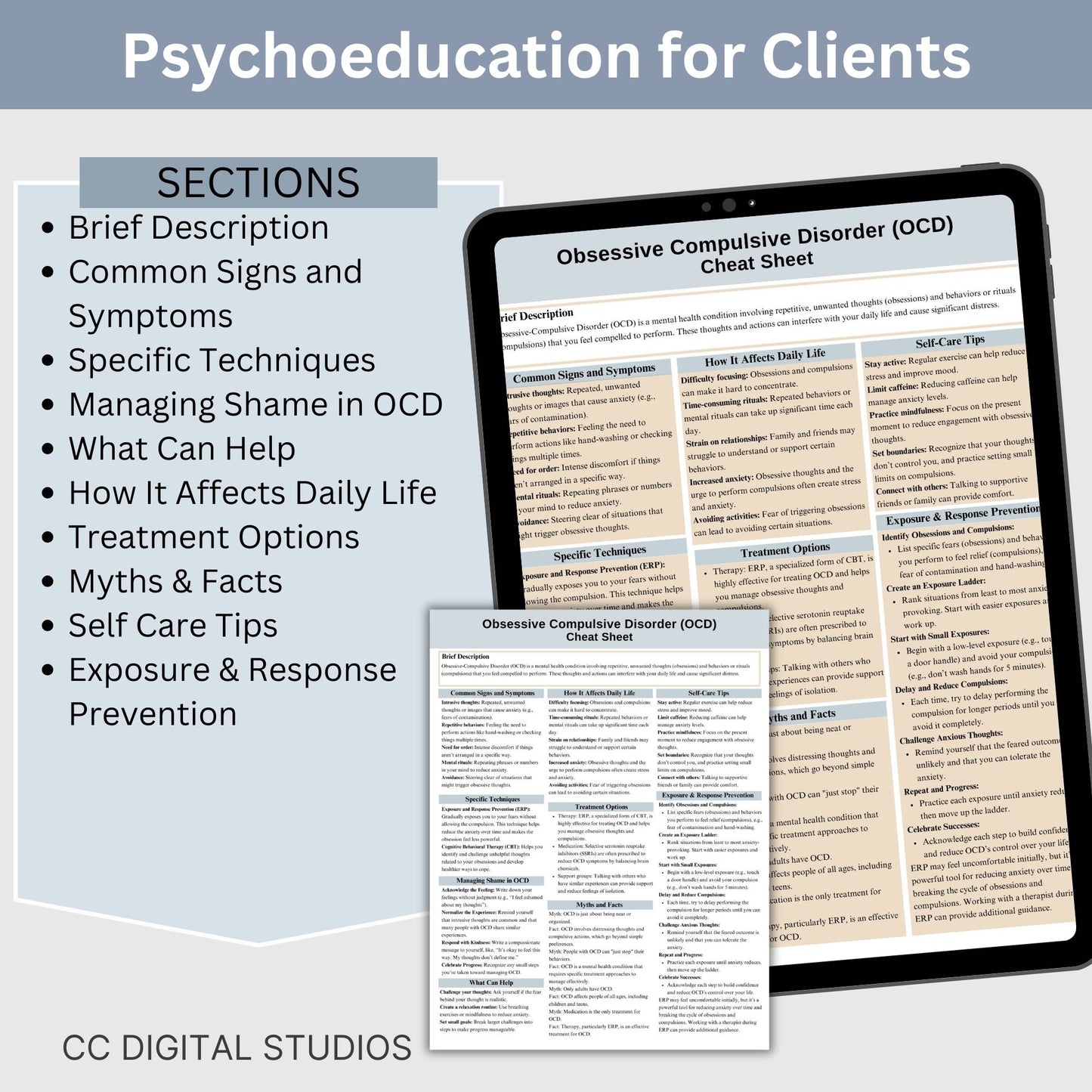 This 2-in-1 OCD Cheat Sheet is designed for both therapists and clients! It includes a therapist's quick reference guide and a client-friendly psychoeducational sheet, making it a valuable Obsessive Compulsive Disorder therapy tool.