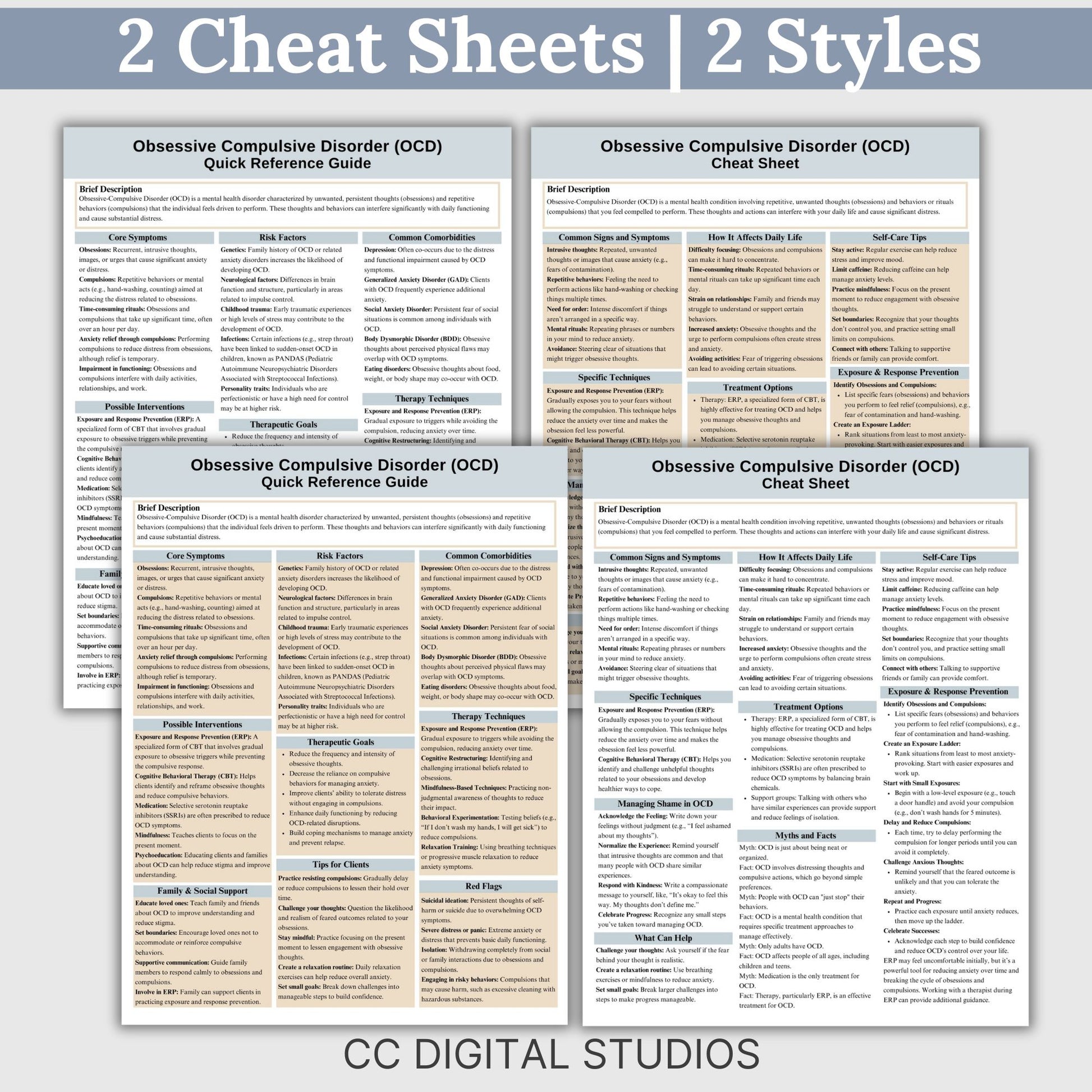 This 2-in-1 OCD Cheat Sheet is designed for both therapists and clients! It includes a therapist's quick reference guide and a client-friendly psychoeducational sheet, making it a valuable Obsessive Compulsive Disorder therapy tool.