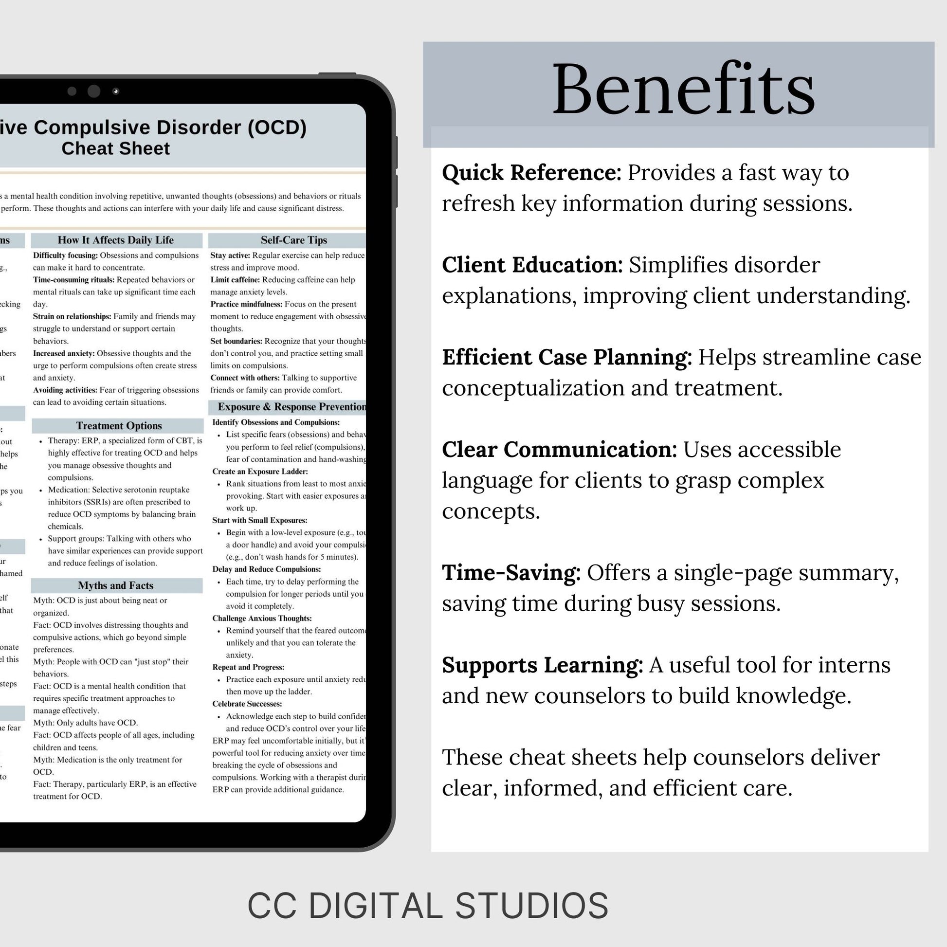 This 2-in-1 OCD Cheat Sheet is designed for both therapists and clients! It includes a therapist's quick reference guide and a client-friendly psychoeducational sheet, making it a valuable Obsessive Compulsive Disorder therapy tool.