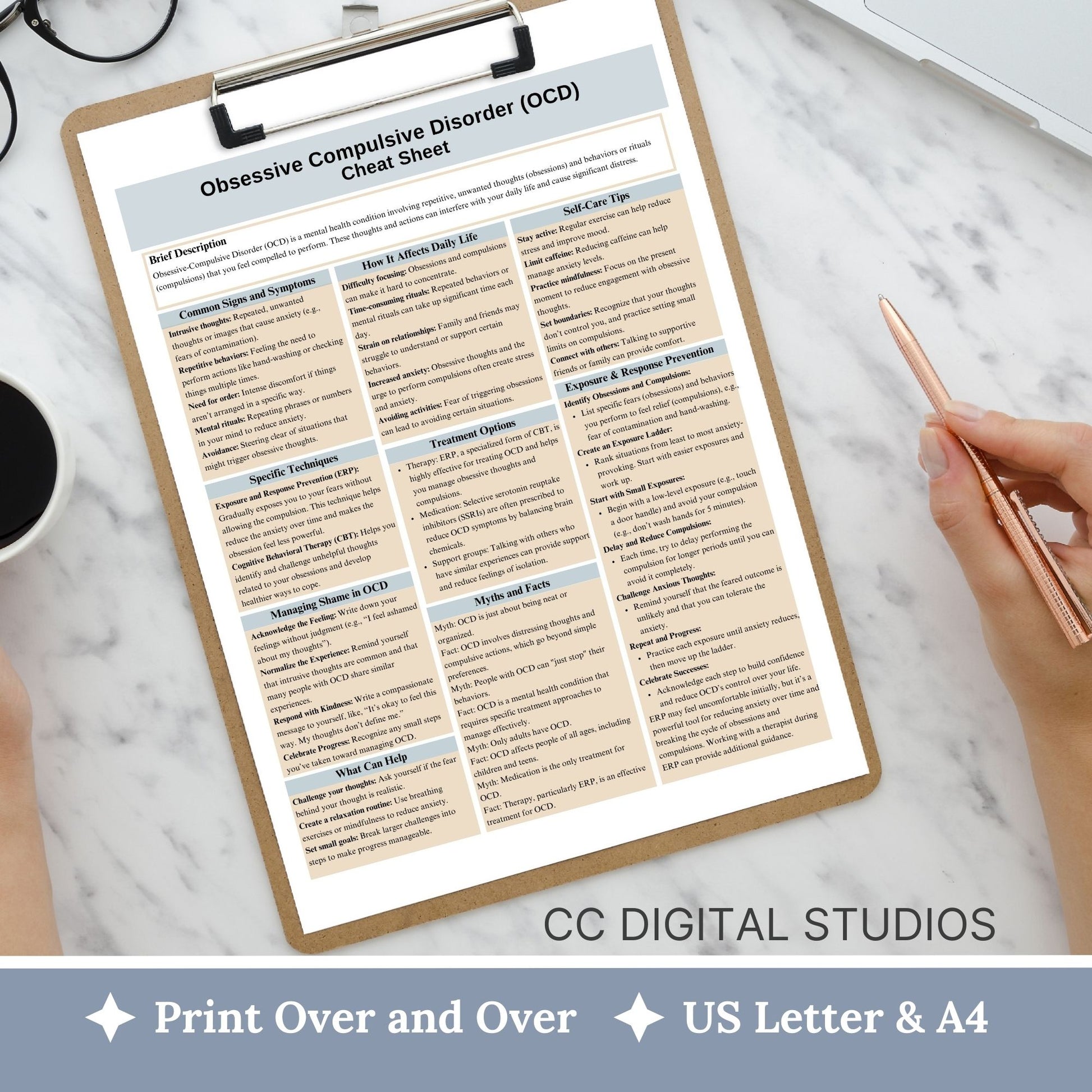 This 2-in-1 OCD Cheat Sheet is designed for both therapists and clients! It includes a therapist's quick reference guide and a client-friendly psychoeducational sheet, making it a valuable Obsessive Compulsive Disorder therapy tool.