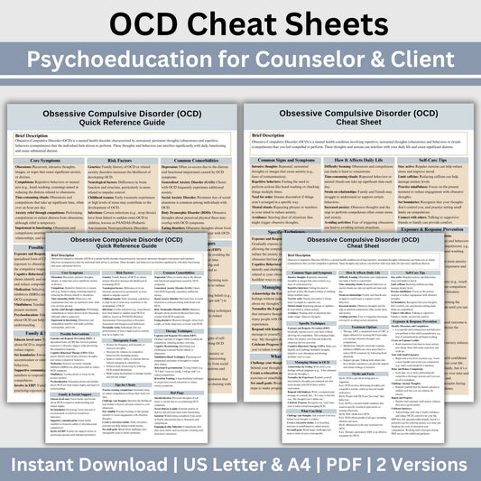 This 2-in-1 OCD Cheat Sheet is designed for both therapists and clients! It includes a therapist's quick reference guide and a client-friendly psychoeducational sheet, making it a valuable Obsessive Compulsive Disorder therapy tool.