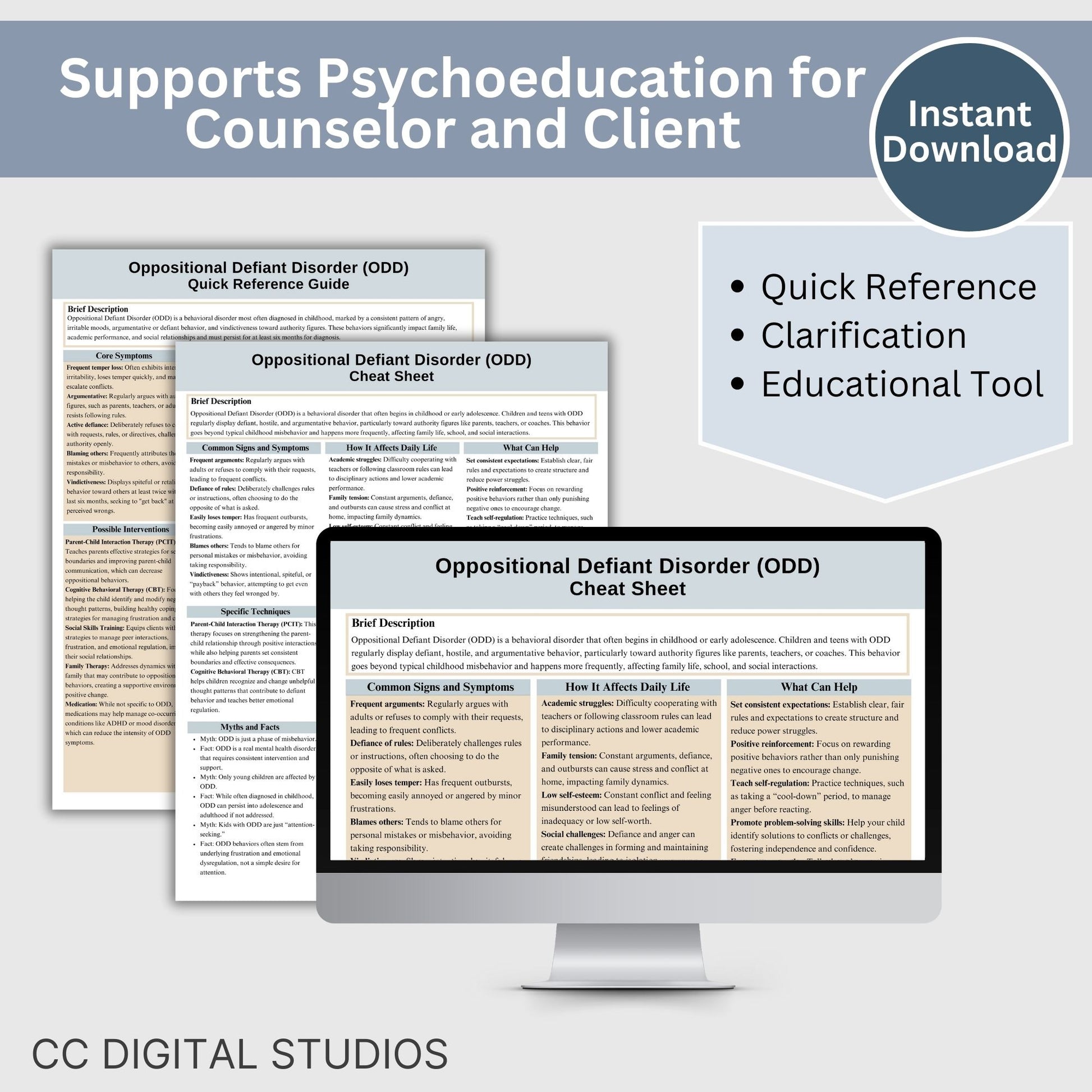 This 2-in-1 Oppositional Defiant Disorder Cheat Sheet is designed for both therapists and clients! It includes a therapist's quick reference guide and a client-friendly psychoeducational sheet, making it a valuable ODD therapy tool.