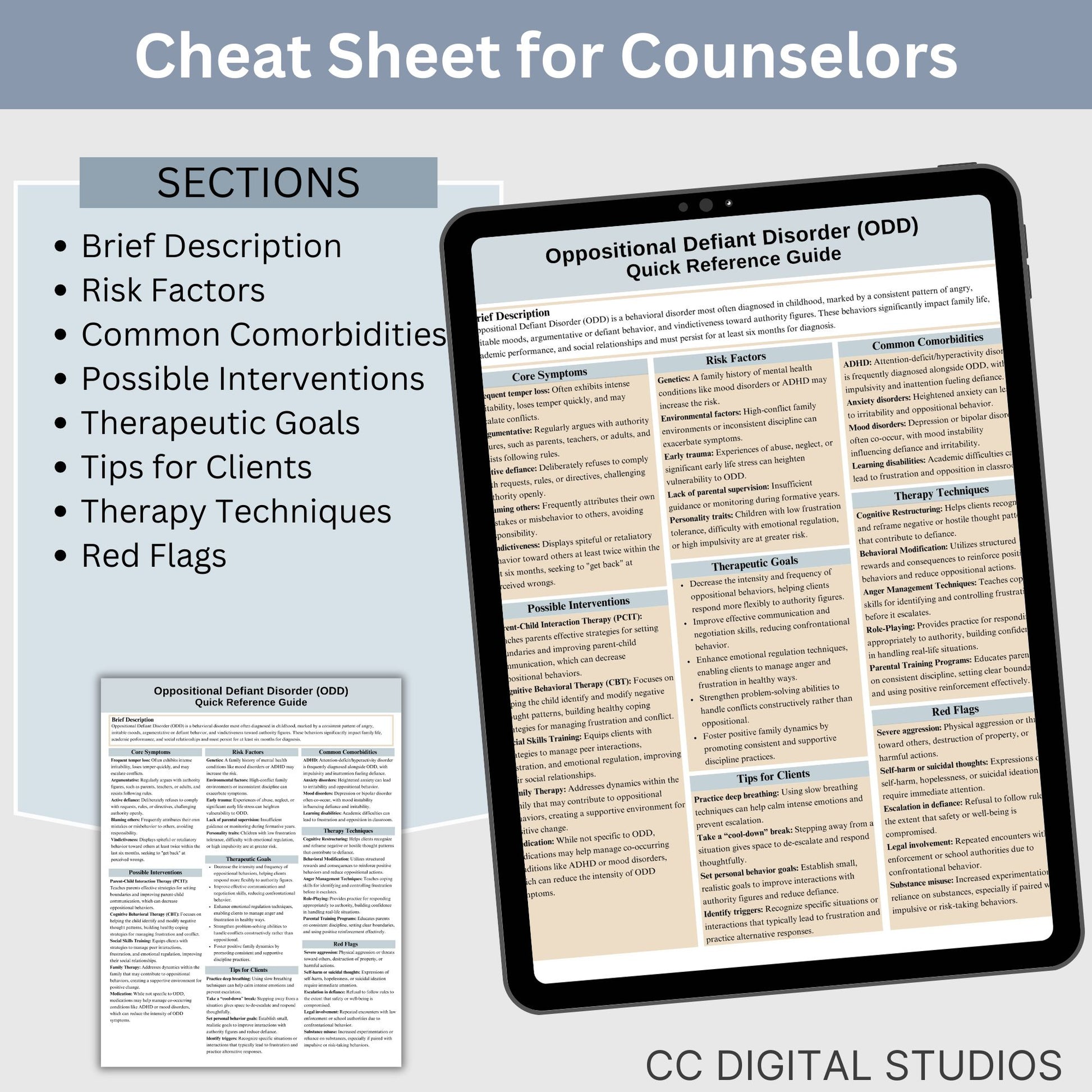 This 2-in-1 Oppositional Defiant Disorder Cheat Sheet is designed for both therapists and clients! It includes a therapist's quick reference guide and a client-friendly psychoeducational sheet, making it a valuable ODD therapy tool.