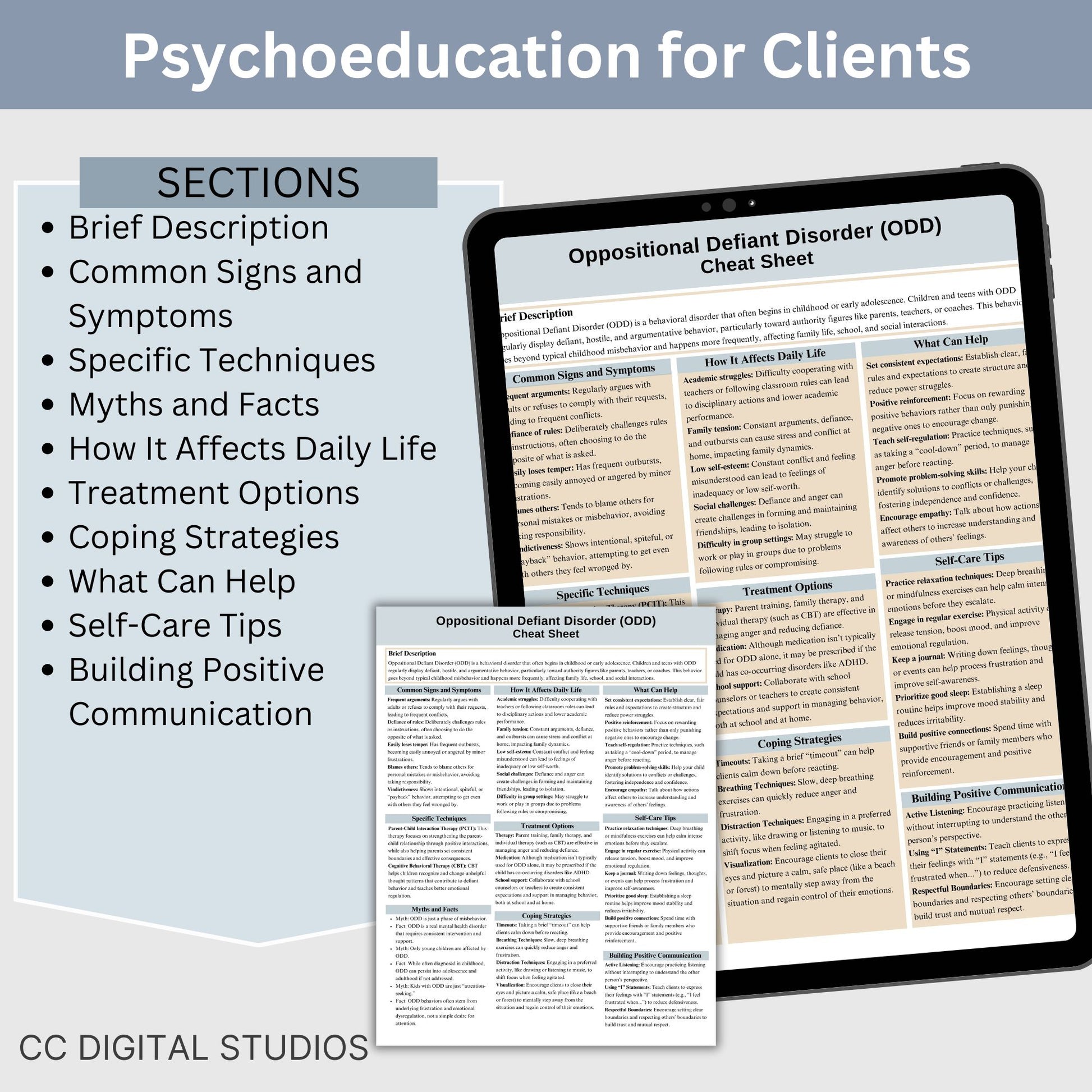 This 2-in-1 Oppositional Defiant Disorder Cheat Sheet is designed for both therapists and clients! It includes a therapist's quick reference guide and a client-friendly psychoeducational sheet, making it a valuable ODD therapy tool.