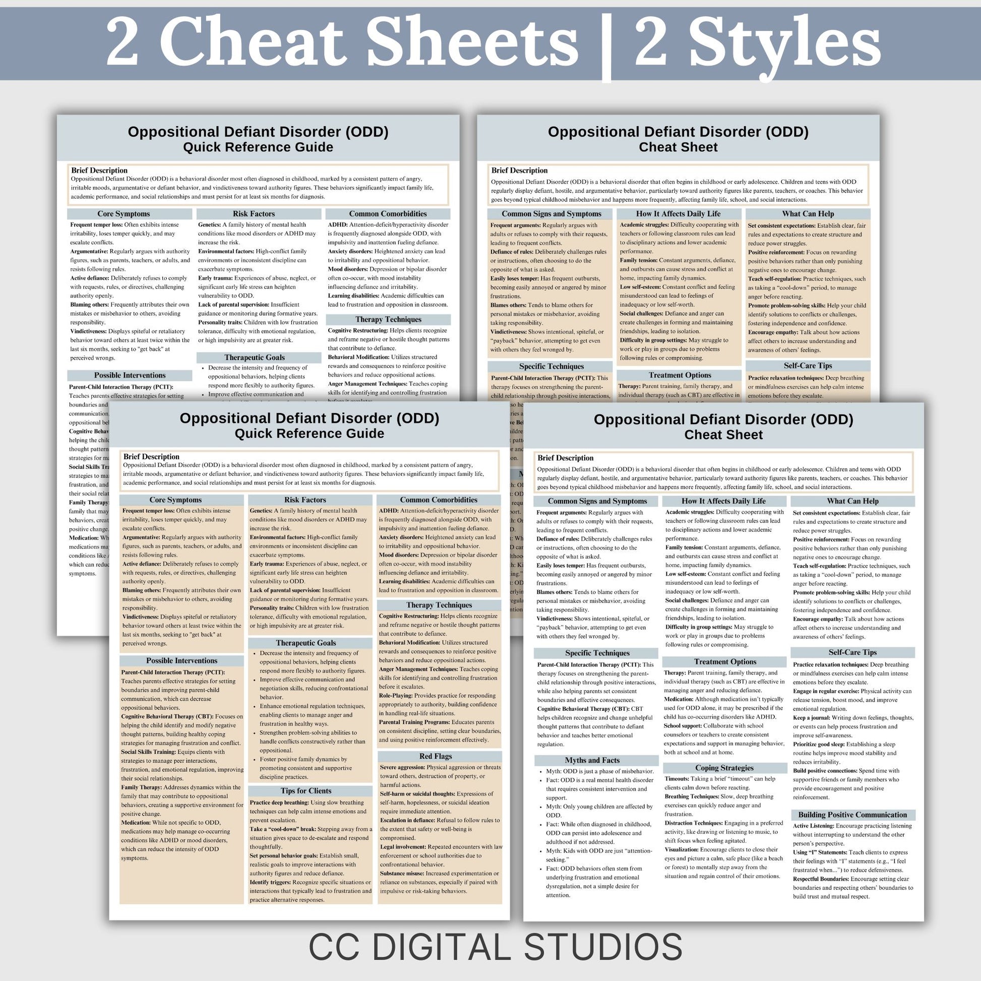 This 2-in-1 Oppositional Defiant Disorder Cheat Sheet is designed for both therapists and clients! It includes a therapist's quick reference guide and a client-friendly psychoeducational sheet, making it a valuable ODD therapy tool.