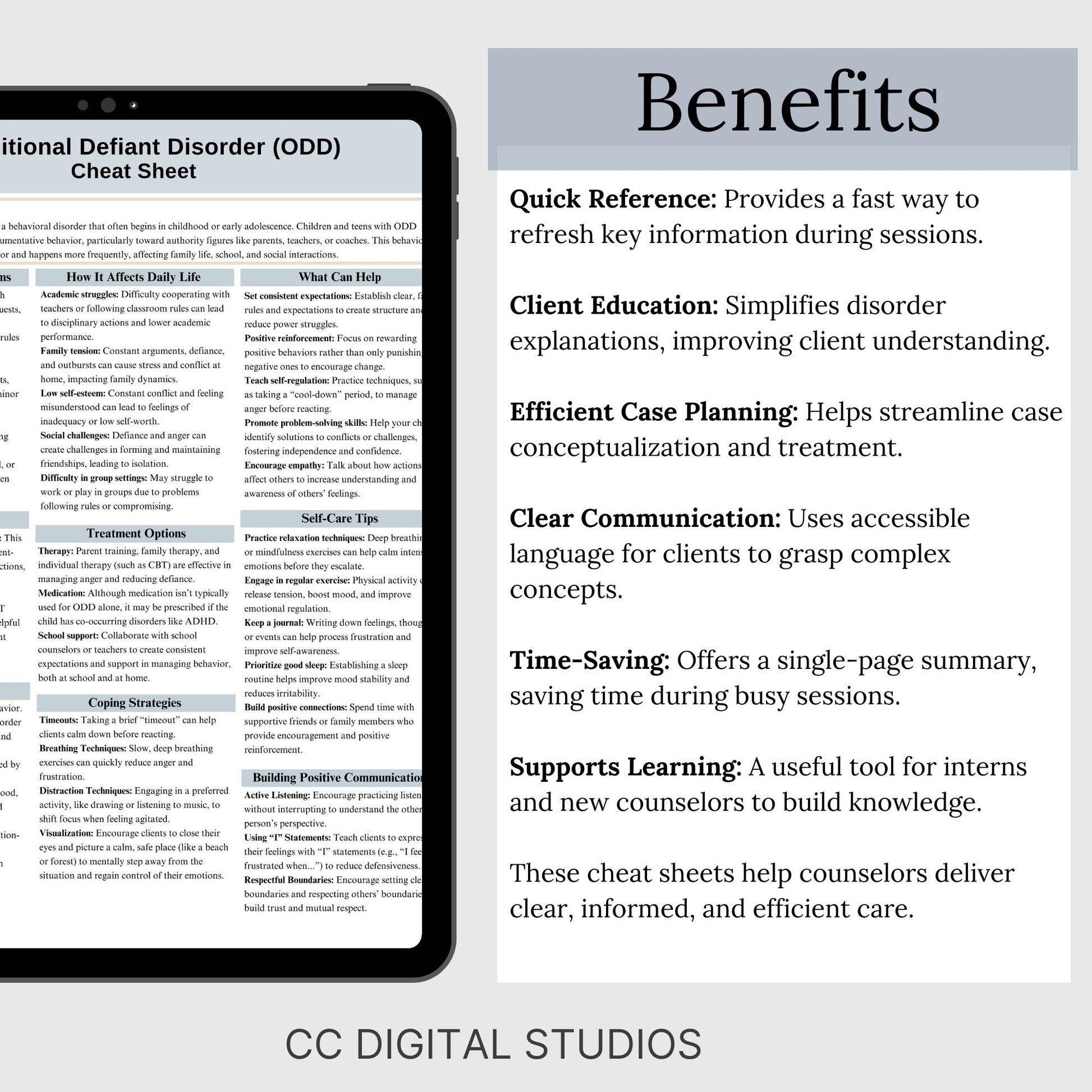 This 2-in-1 Oppositional Defiant Disorder Cheat Sheet is designed for both therapists and clients! It includes a therapist's quick reference guide and a client-friendly psychoeducational sheet, making it a valuable ODD therapy tool.