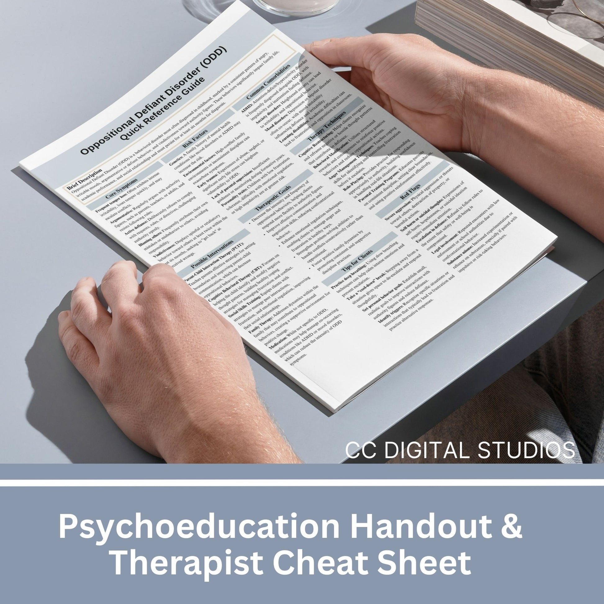 This 2-in-1 Oppositional Defiant Disorder Cheat Sheet is designed for both therapists and clients! It includes a therapist's quick reference guide and a client-friendly psychoeducational sheet, making it a valuable ODD therapy tool.