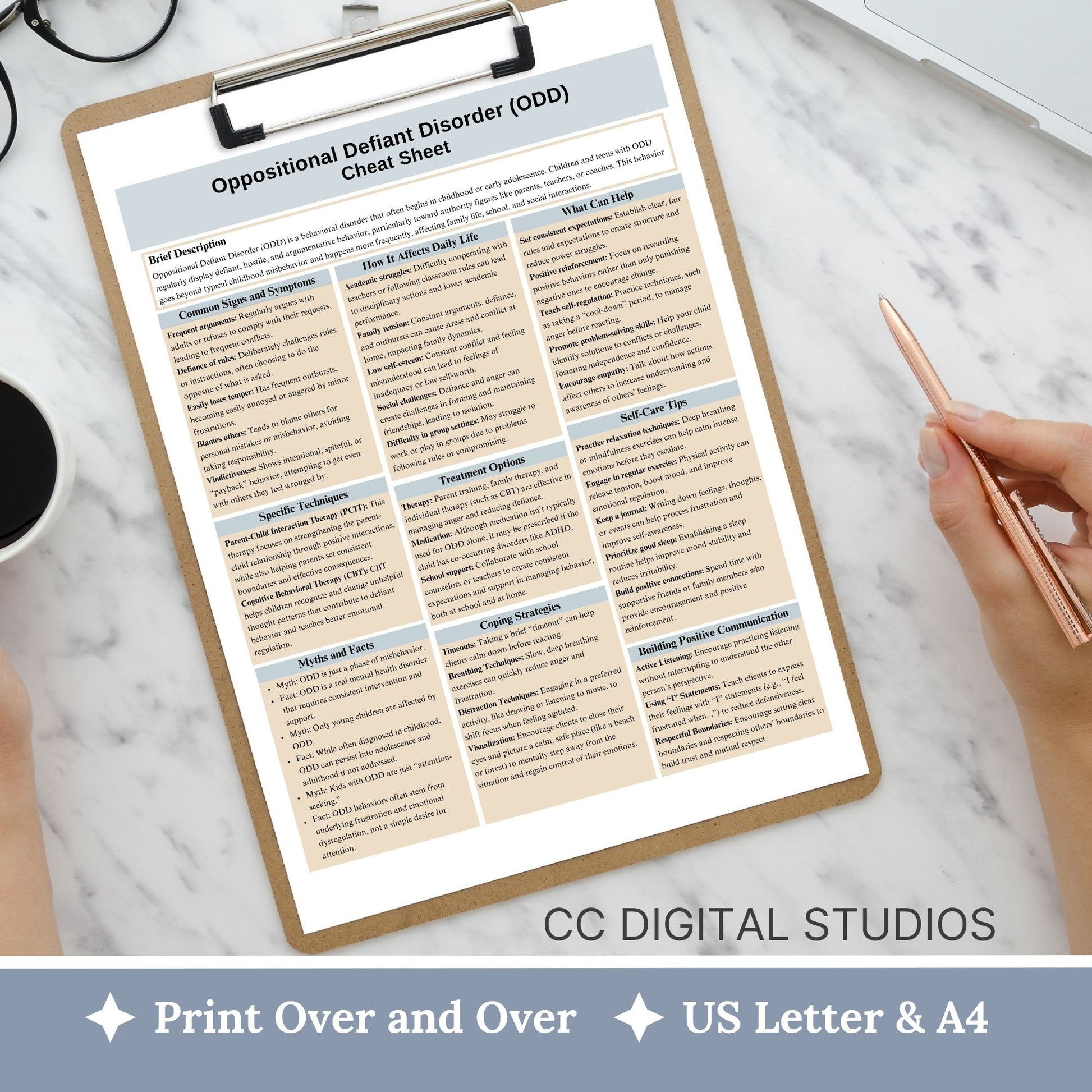 This 2-in-1 Oppositional Defiant Disorder Cheat Sheet is designed for both therapists and clients! It includes a therapist's quick reference guide and a client-friendly psychoeducational sheet, making it a valuable ODD therapy tool.