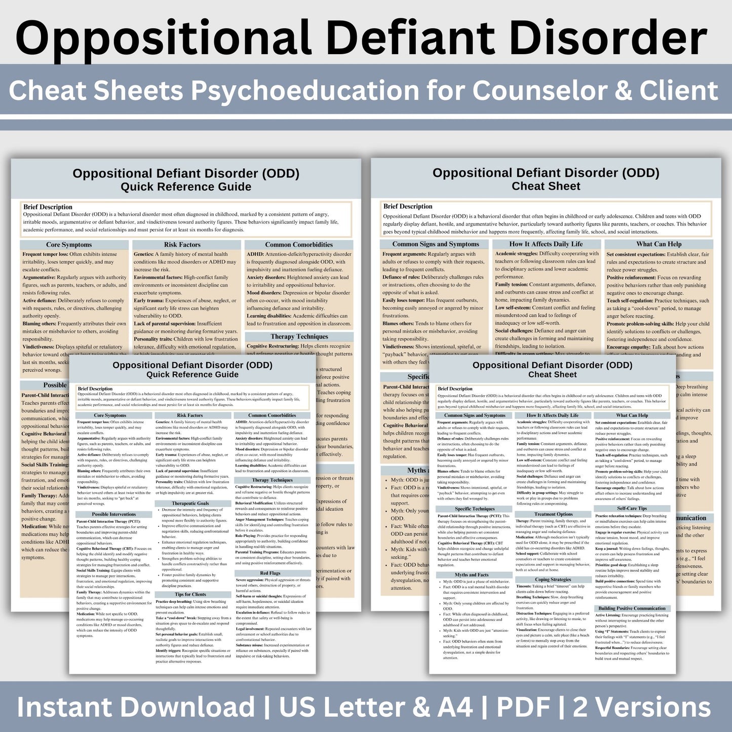 This 2-in-1 Oppositional Defiant Disorder Cheat Sheet is designed for both therapists and clients! It includes a therapist's quick reference guide and a client-friendly psychoeducational sheet, making it a valuable ODD therapy tool.