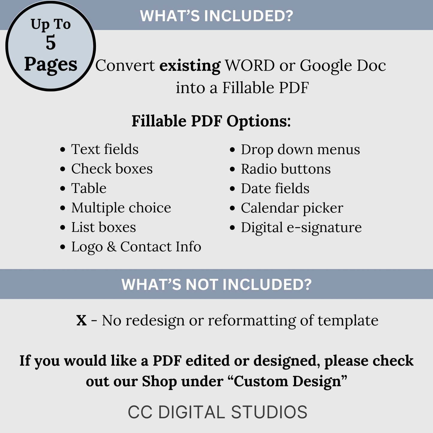 PDF Conversion Standard Package:  Transform WORD or Google Docs into Fillable PDFs