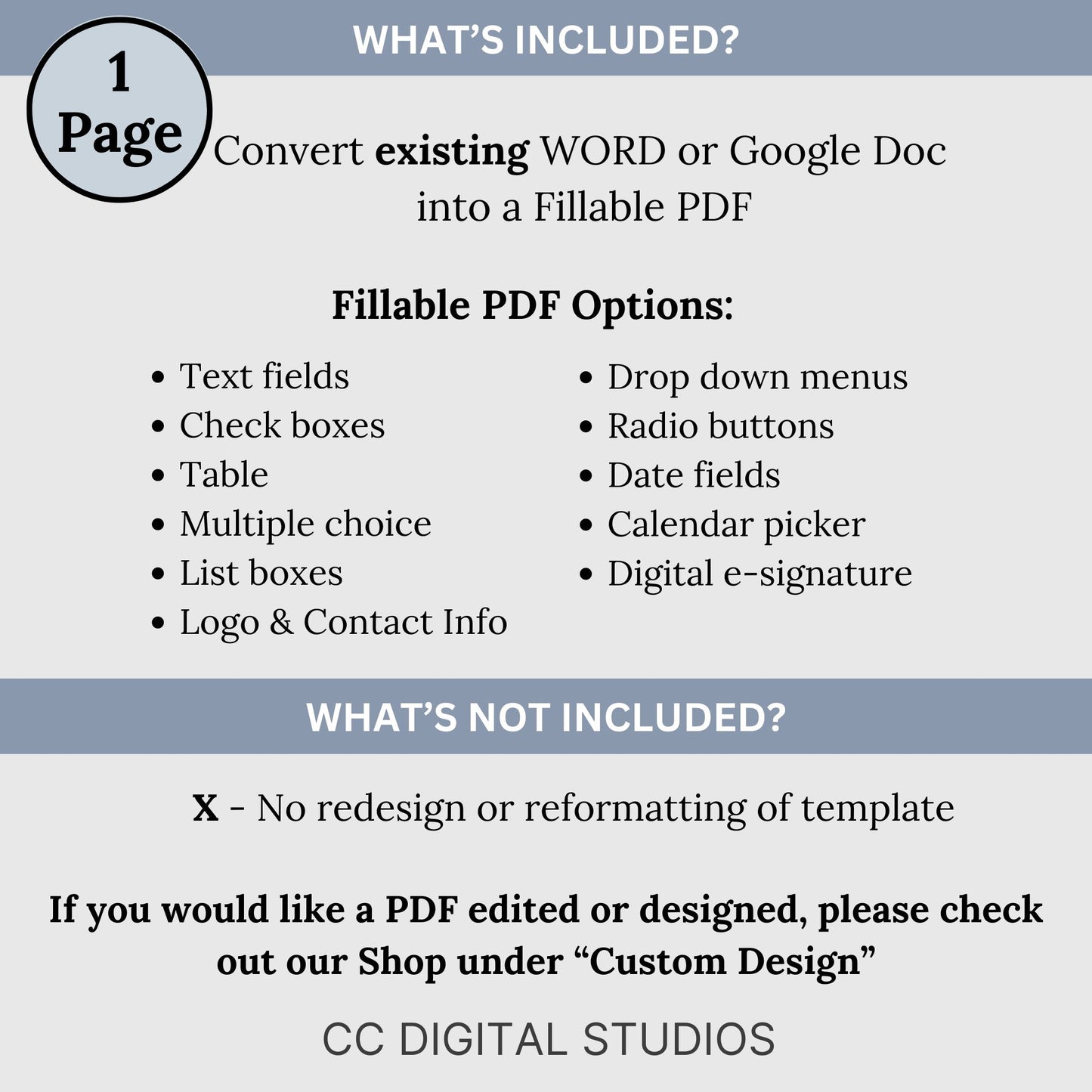 PDF Conversion Single Page Package:  Transform WORD or Google Docs into Fillable PDFs