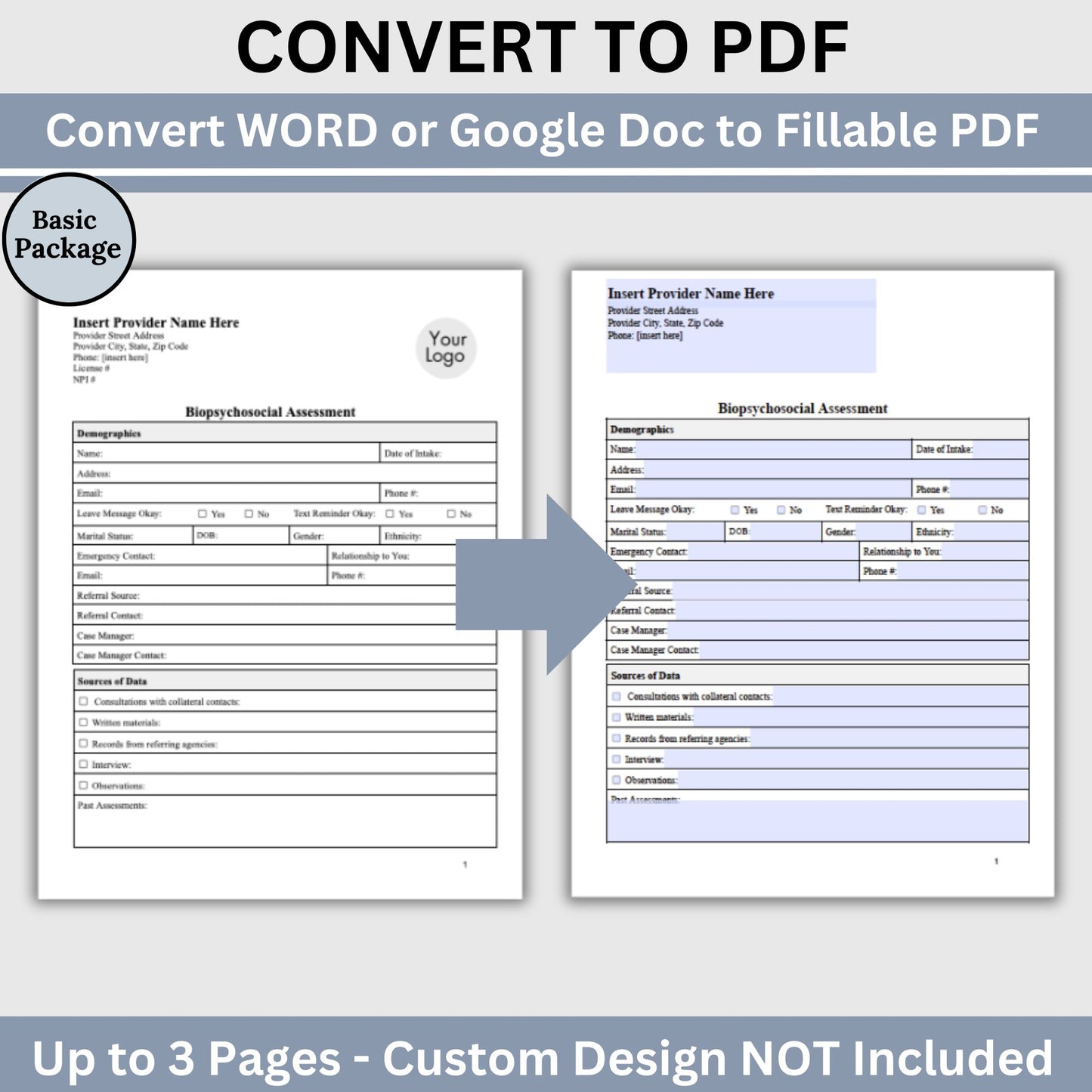 PDF Conversion Basic Package:  Transform WORD or Google Docs into Fillable PDFs