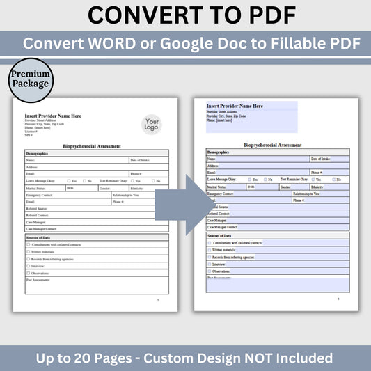 Premium PDF Conversion Package. Transform any existing WORD or Google Doc into a professional fillable PDF hassle-free. This package covers up to 20 pages