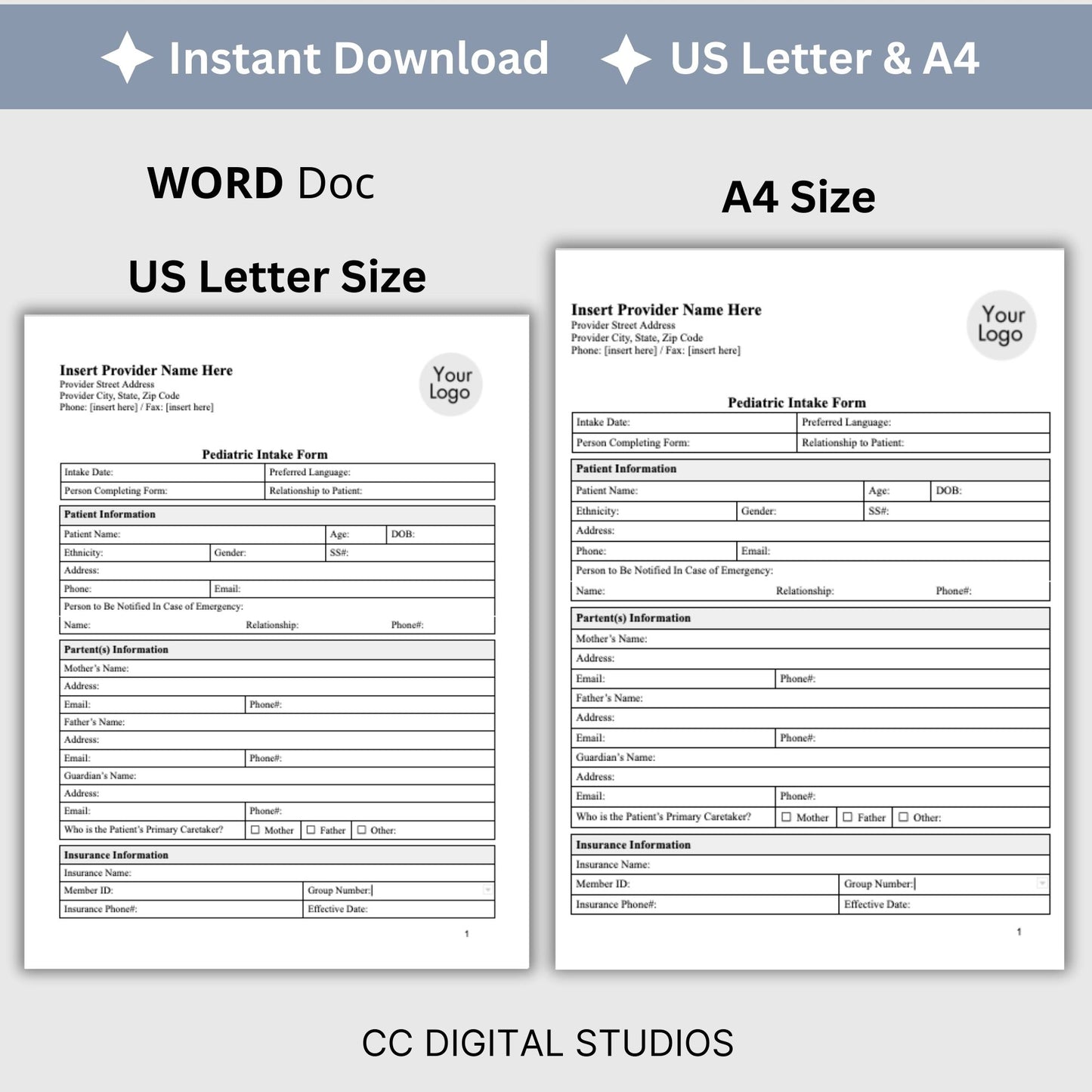 Pediatric Medical Intake Form:  Editable Word Document