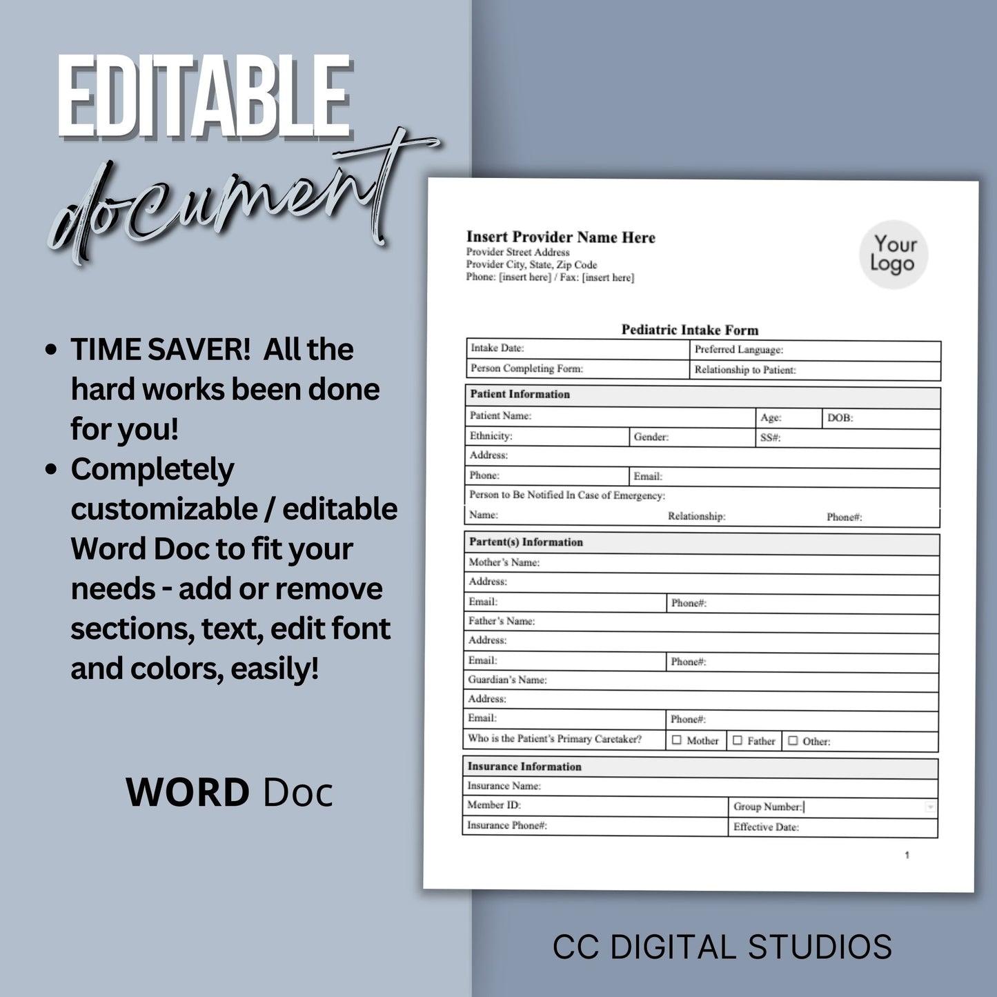 Pediatric Medical Intake Form:  Editable Word Document