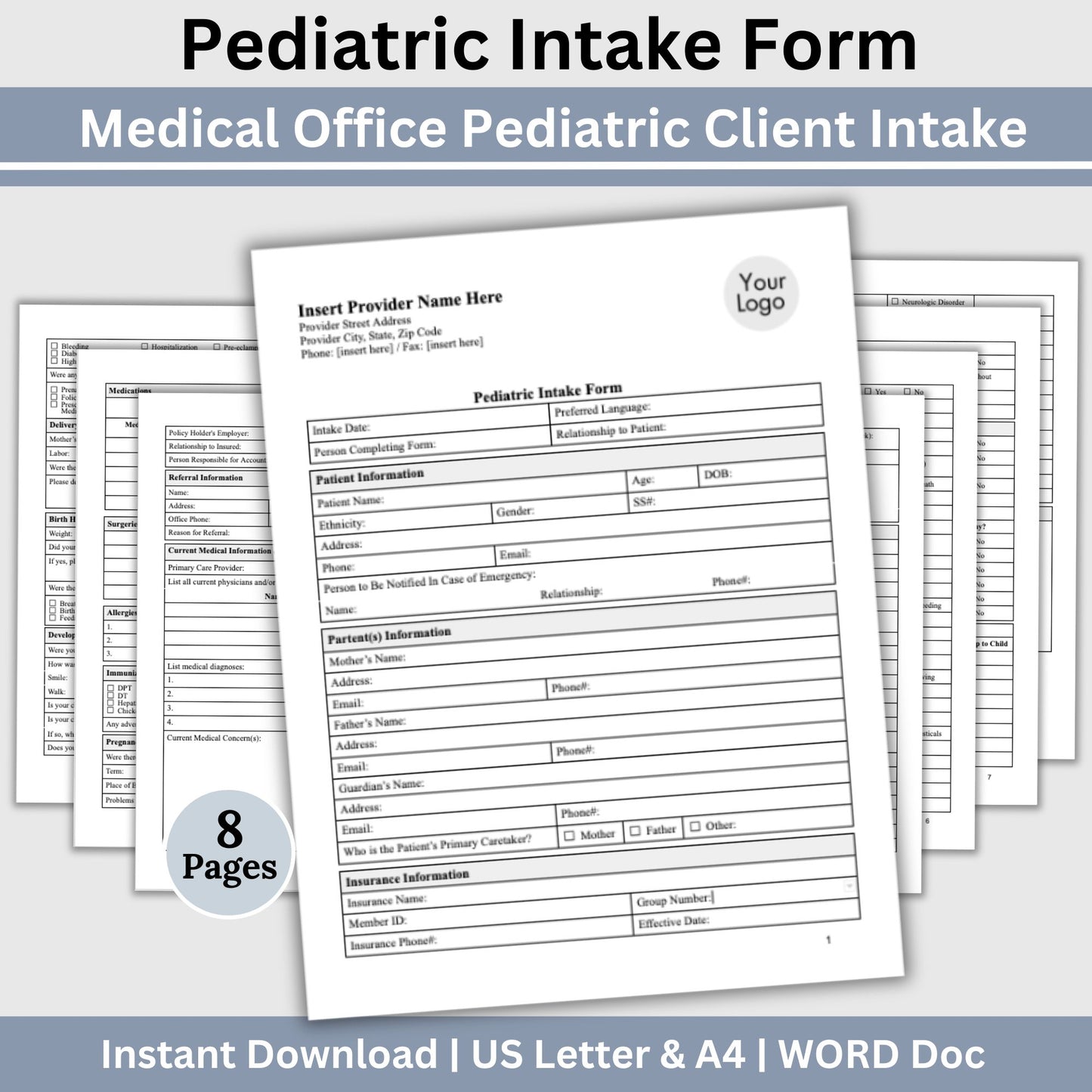 Pediatric Medical Intake Form:  Editable Word Document