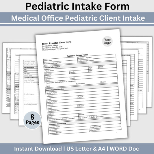 Pediatric Medical Intake Form:  Editable Word Document