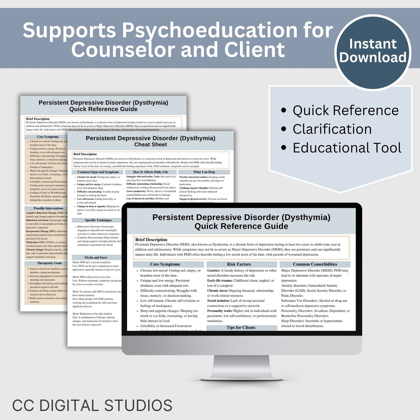 Persistent Depressive Disorder Therapy Cheat Sheet:  2 IN 1 Psychoeducation for Client and Cheat Sheet for Counselors