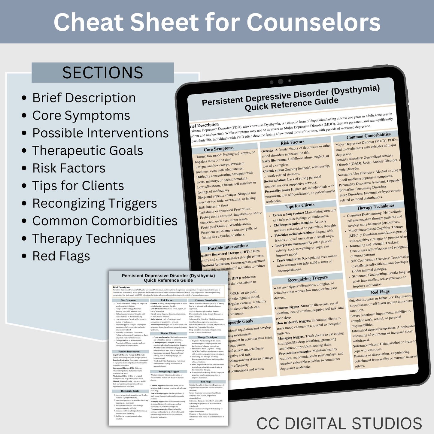 Persistent Depressive Disorder Therapy Cheat Sheet:  2 IN 1 Psychoeducation for Client and Cheat Sheet for Counselors