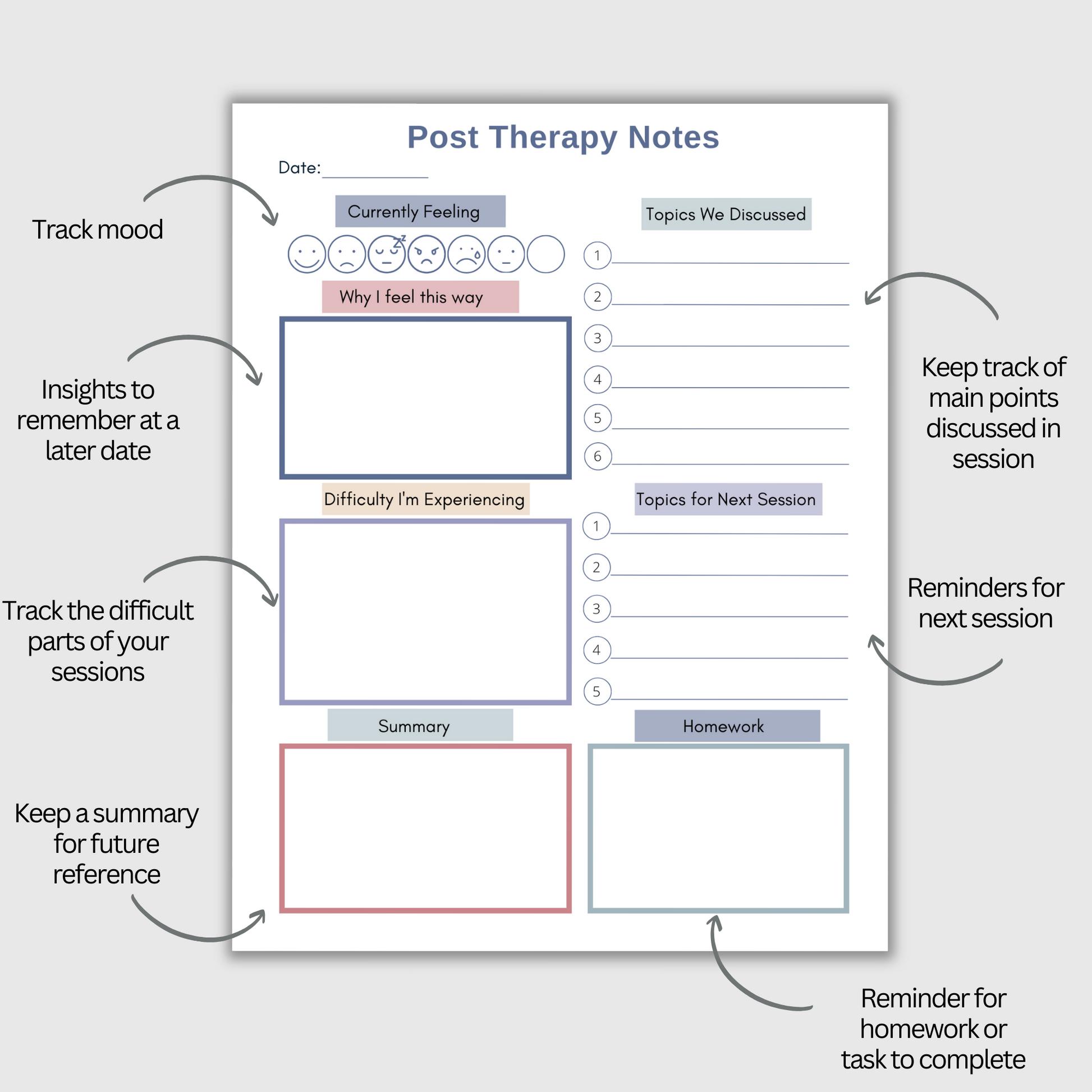 This post therapy session log helps you remember what was shared in your counseling sessions. Stay organized with the therapy session log and gain valuable insights.  Therapy Overview, Therapy Planner, Therapy Session Log