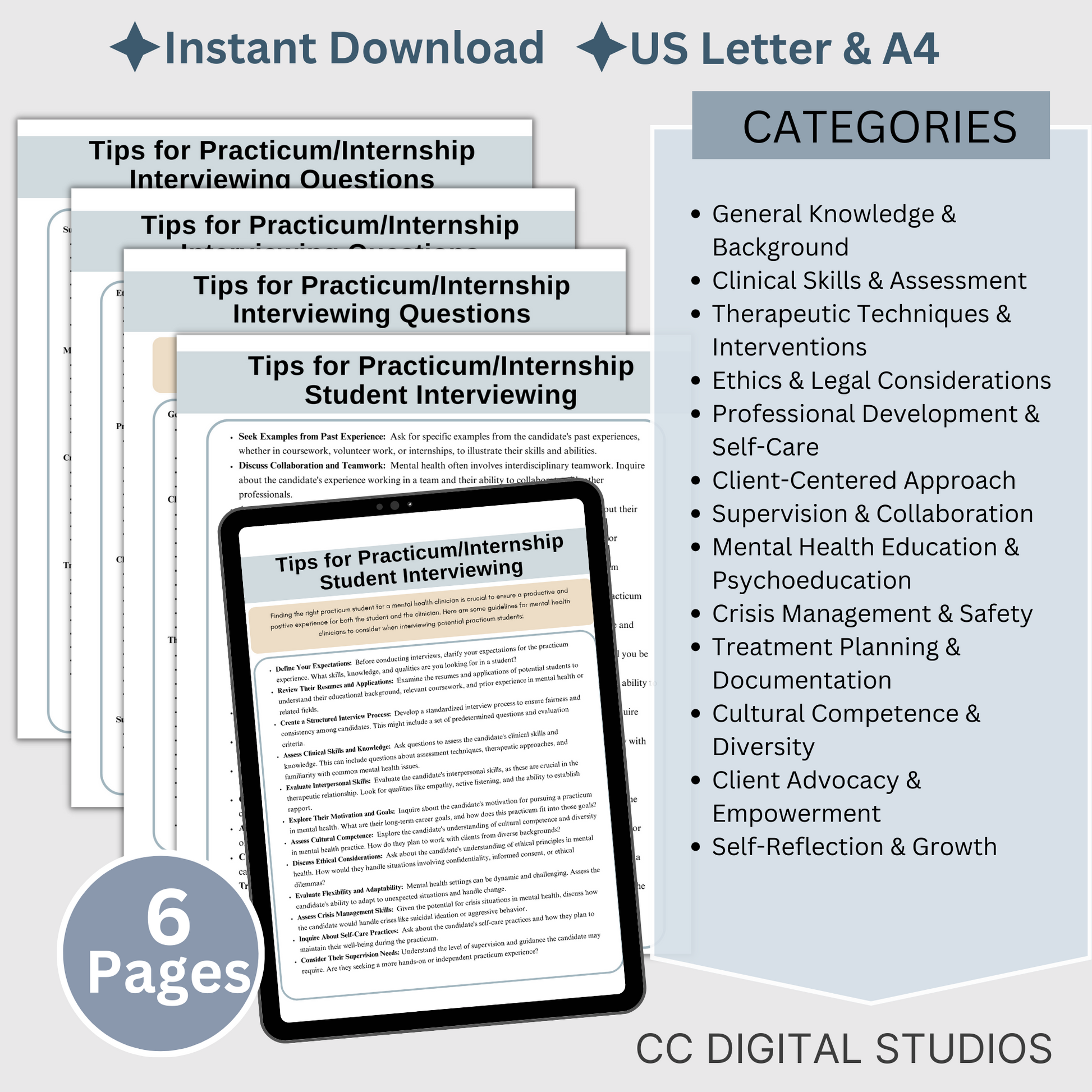 Interview questions and tips for a clinician seeking a student for a mental health practicum or internship.  100 interviewing questions.