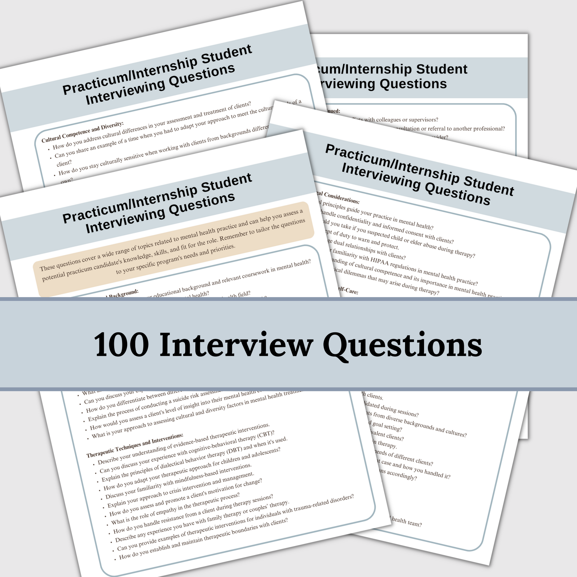 Interview questions and tips for a clinician seeking a student for a mental health practicum or internship.  100 interviewing questions.