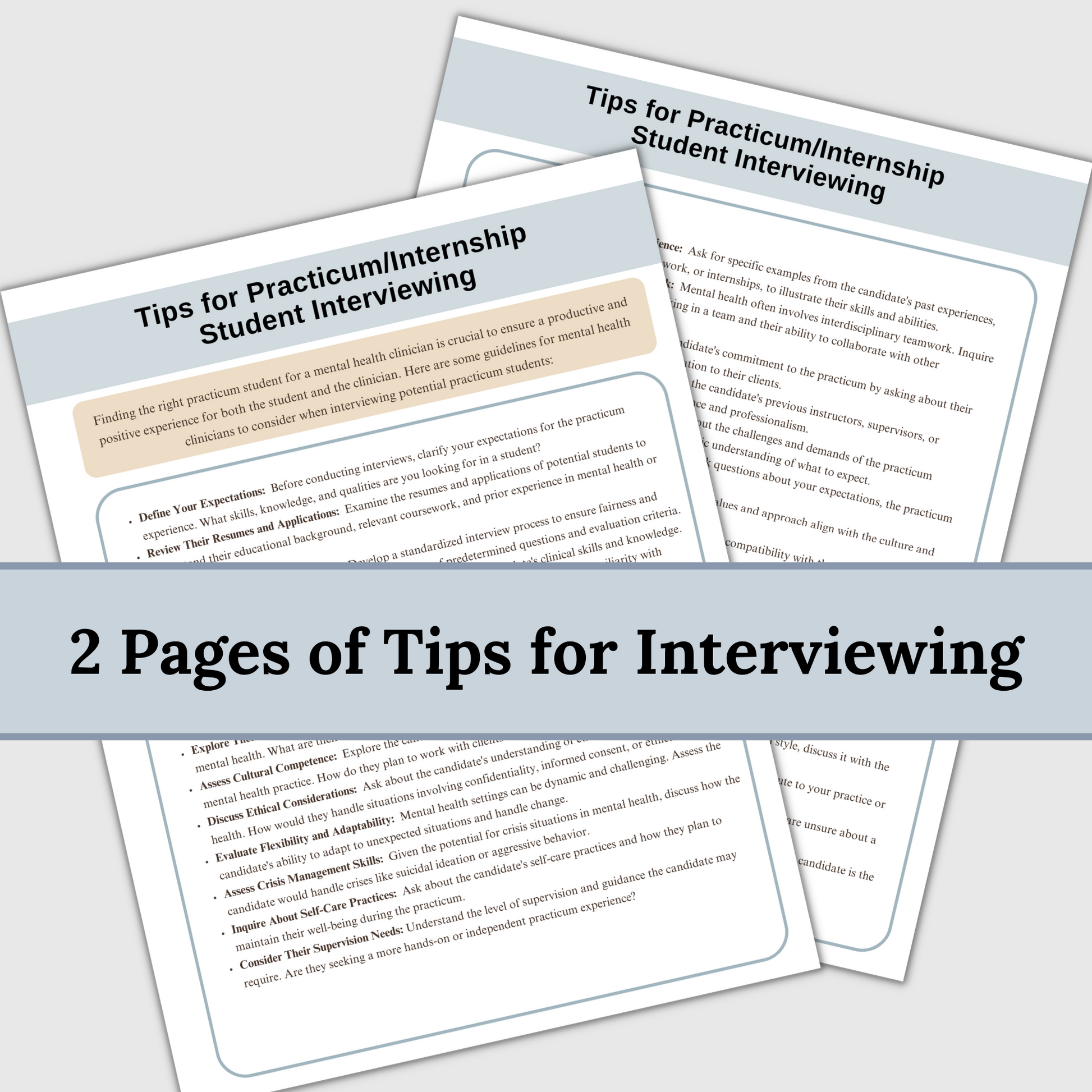 Interview questions and tips for a clinician seeking a student for a mental health practicum or internship.  100 interviewing questions.