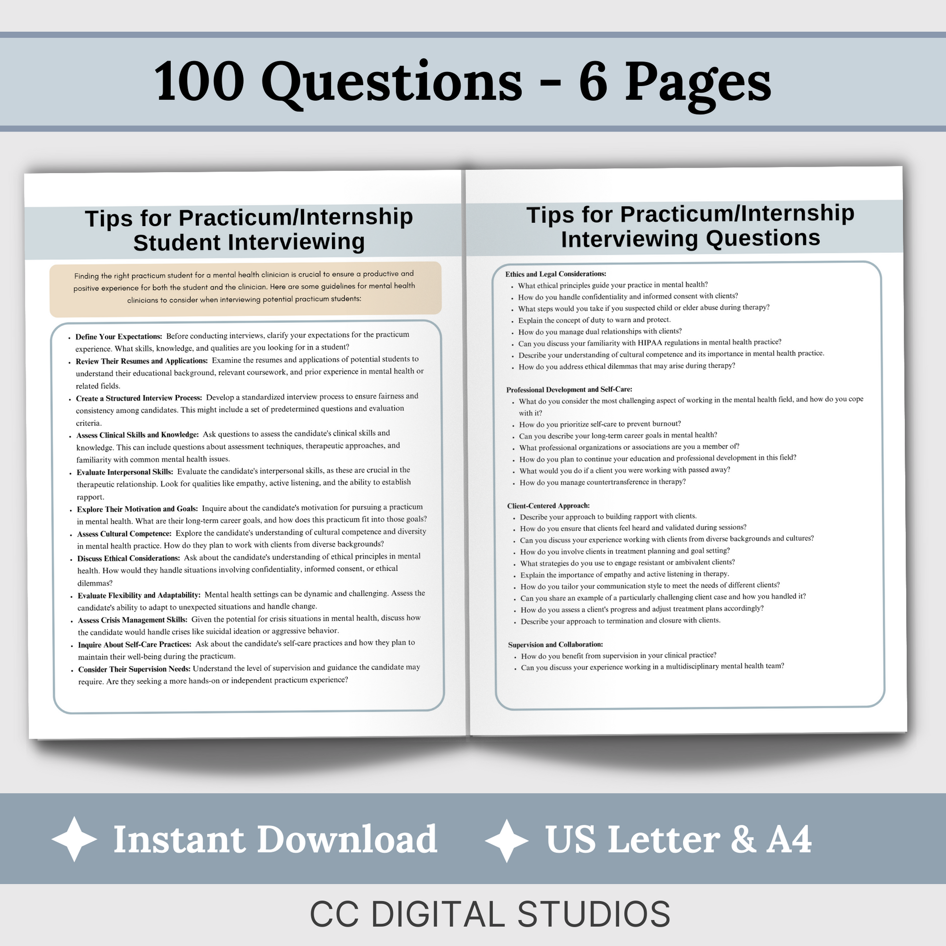 Interview questions and tips for a clinician seeking a student for a mental health practicum or internship.  100 interviewing questions.