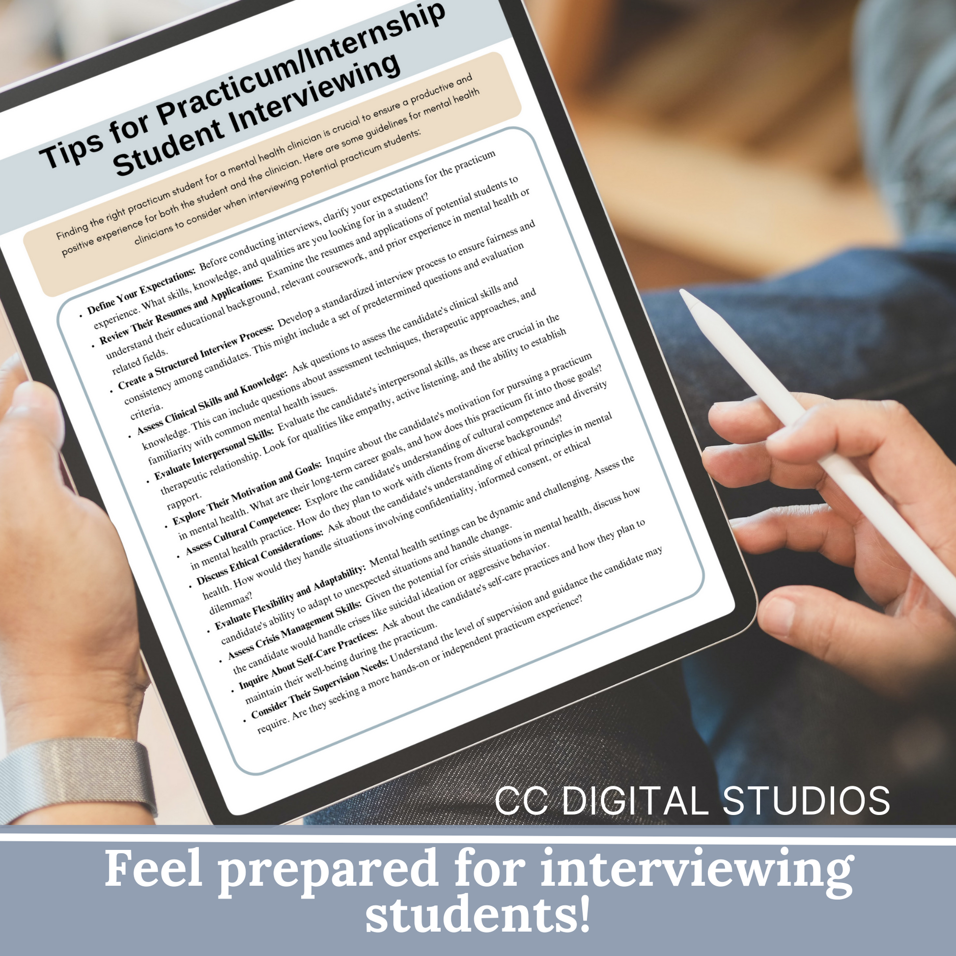 Interview questions and tips for a clinician seeking a student for a mental health practicum or internship.  100 interviewing questions.