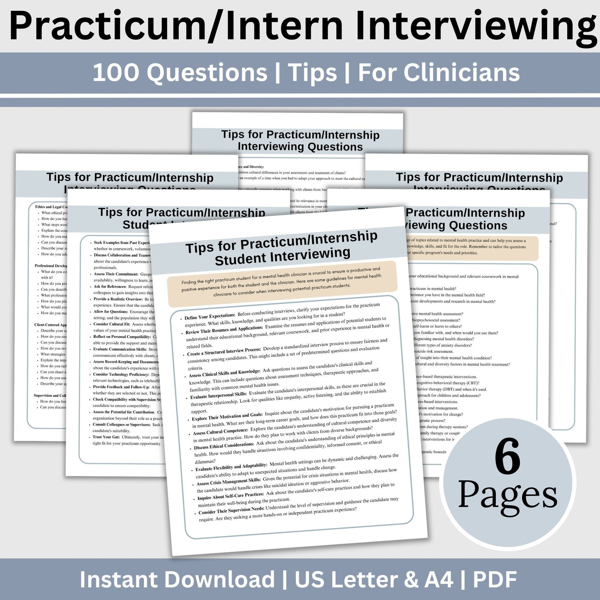 Interview questions and tips for a clinician seeking a student for a mental health practicum or internship.  100 interviewing questions.