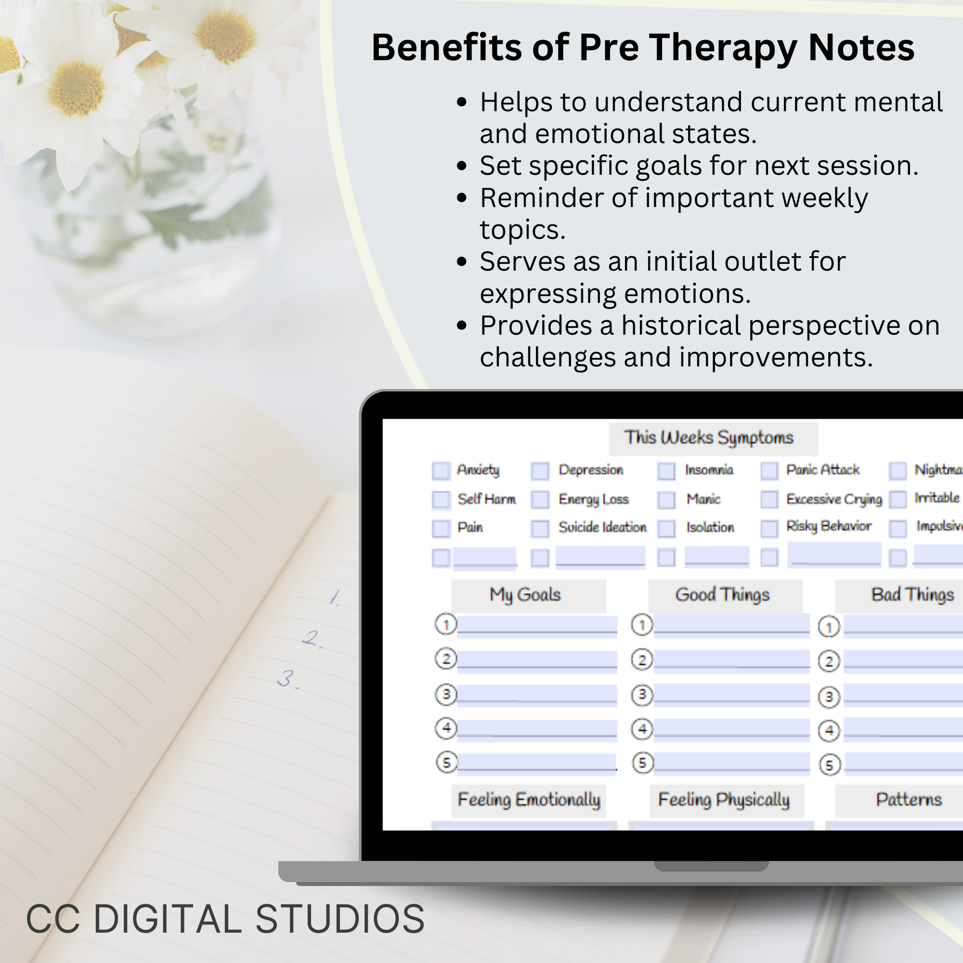 This pre therapy session log helps you plan and remember what to share in your counseling sessions. Stay organized with the therapy session log, track your mood, and gain valuable insights.