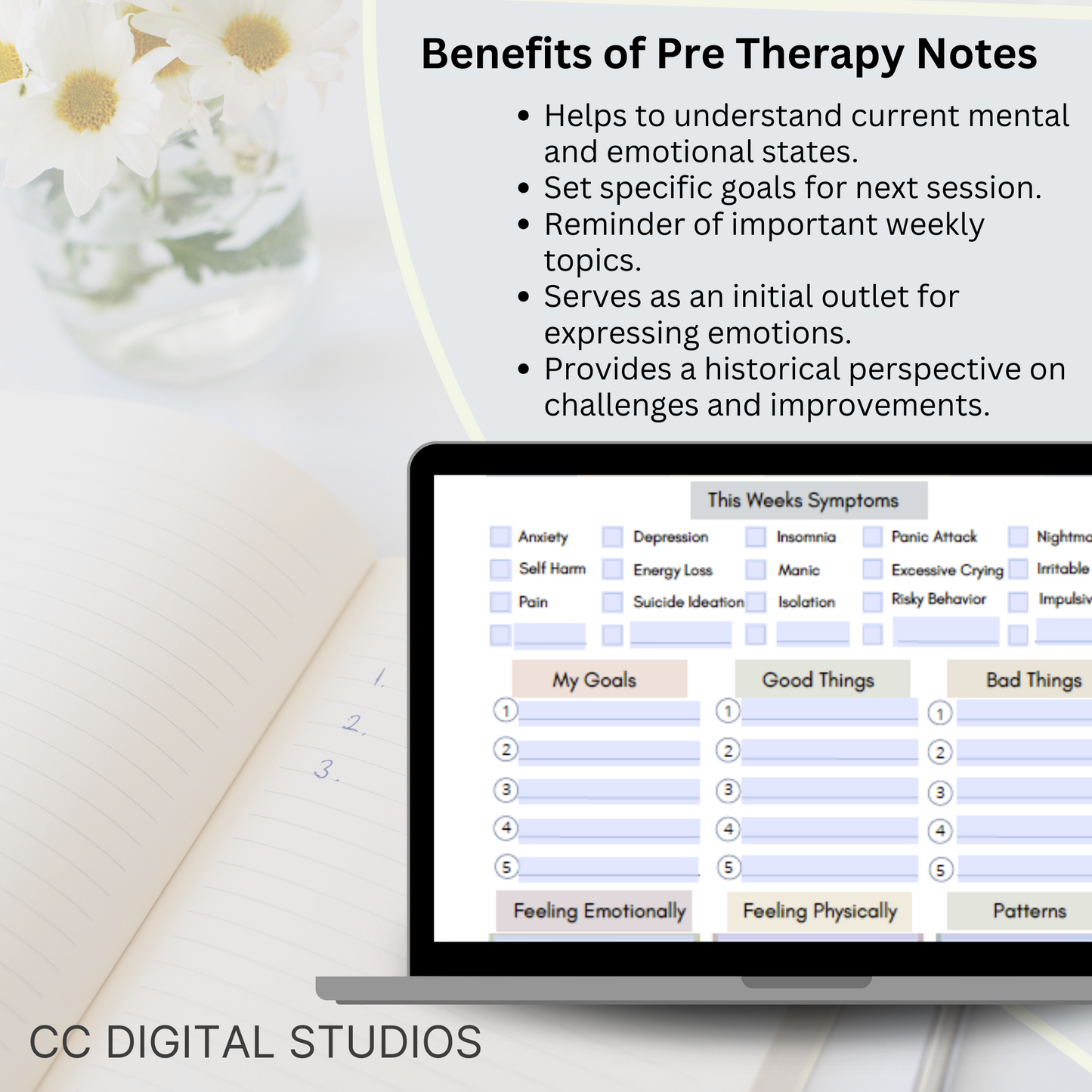 This pre therapy session log helps you plan and remember what to share in your counseling sessions. Stay organized with the therapy session log, track your mood, and gain valuable insights.