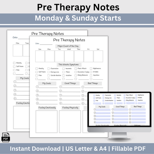 This pre therapy session log helps you plan and remember what to share in your counseling sessions. Stay organized with the therapy session log, track your mood, and gain valuable insights.
