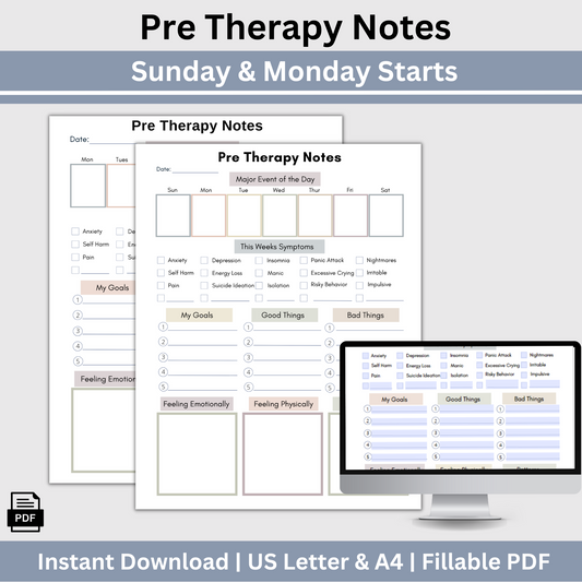 This pre therapy session log helps you plan and remember what to share in your counseling sessions. Stay organized with the therapy session log, track your mood, and gain valuable insights.