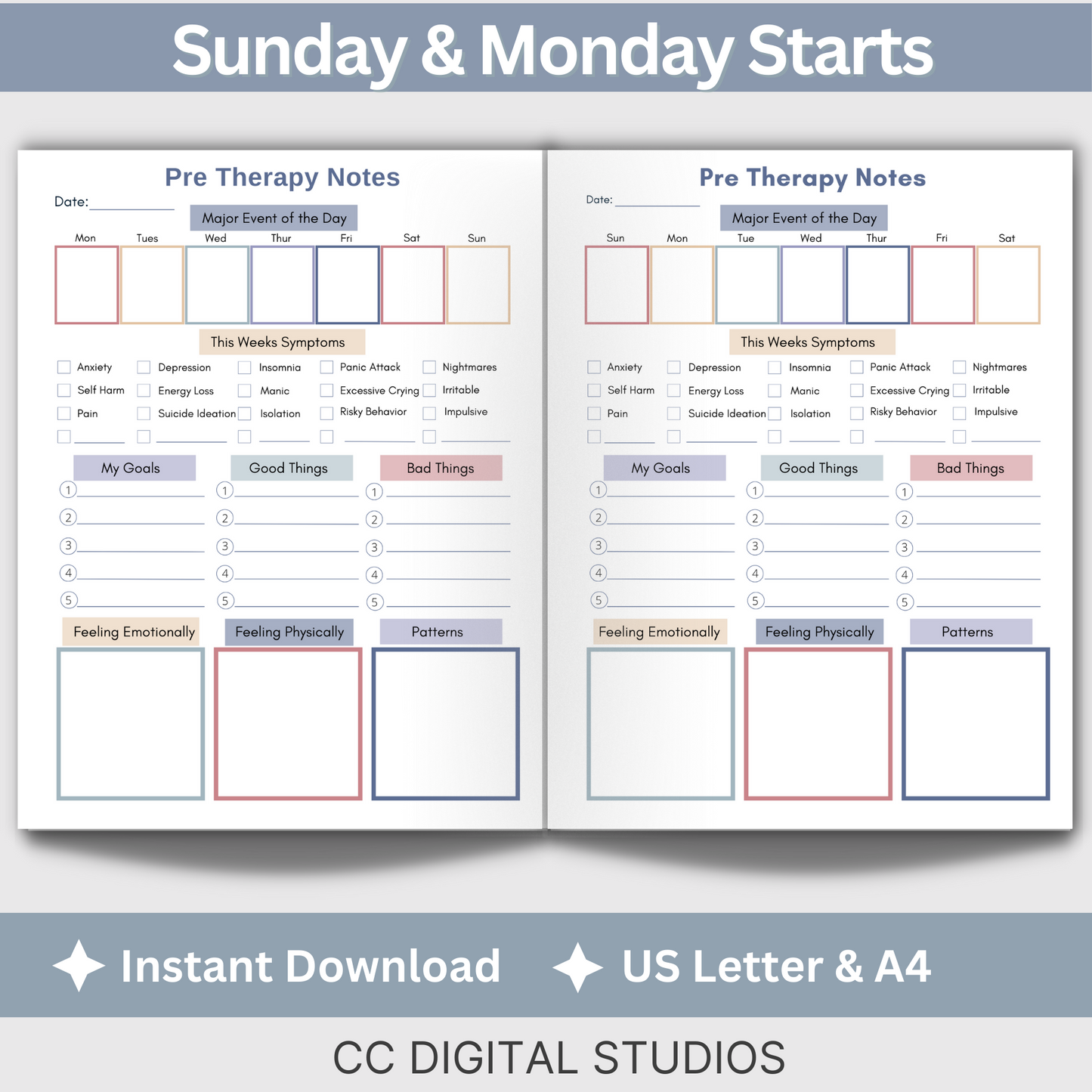 Pre and Post Therapy Notes. Therapy resource has spaces for your thoughts before and after therapy, a therapy session log for what happens during your sessions, and a cool therapy overview.